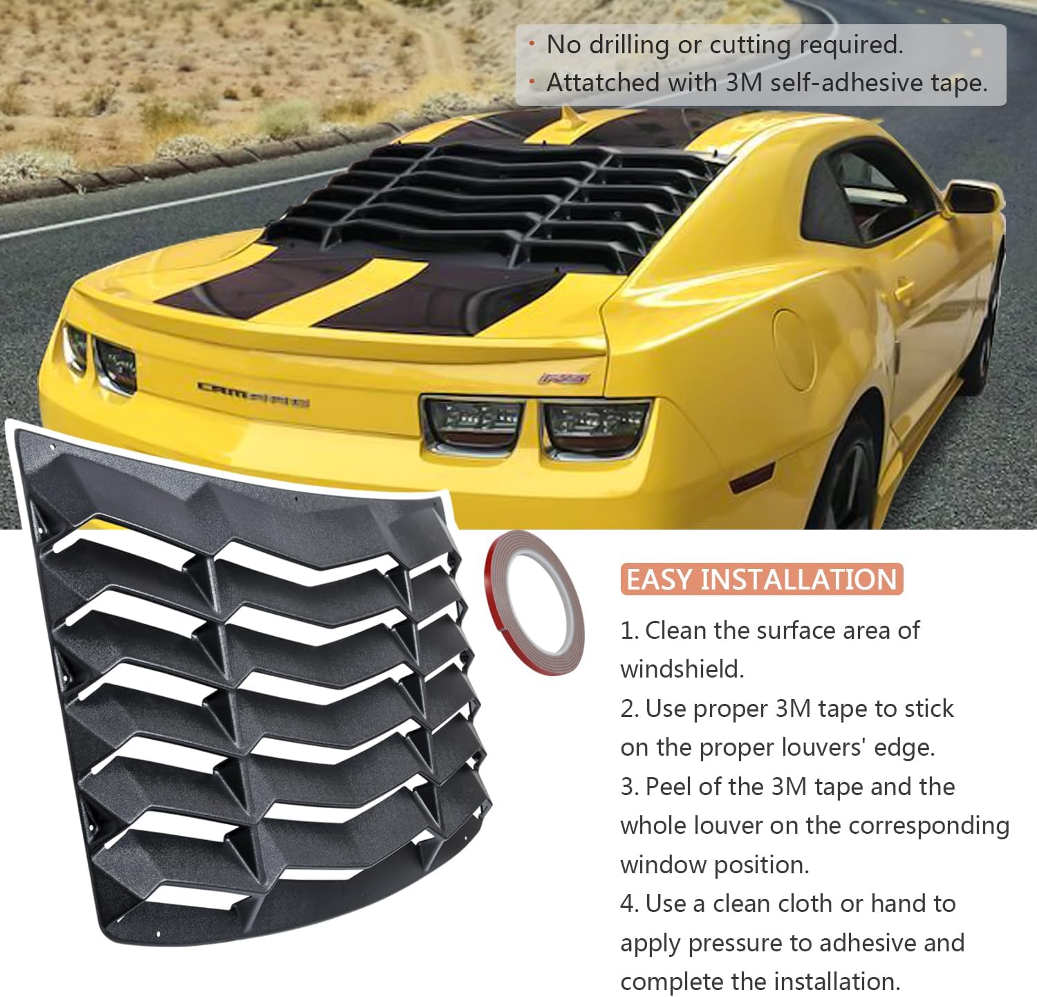 Rear and Side Window Louvers for Chevy Chevrolet Camaro 2010 2011 2012 2013 2014 2015 in GT Lambo Style ABS Matte Black