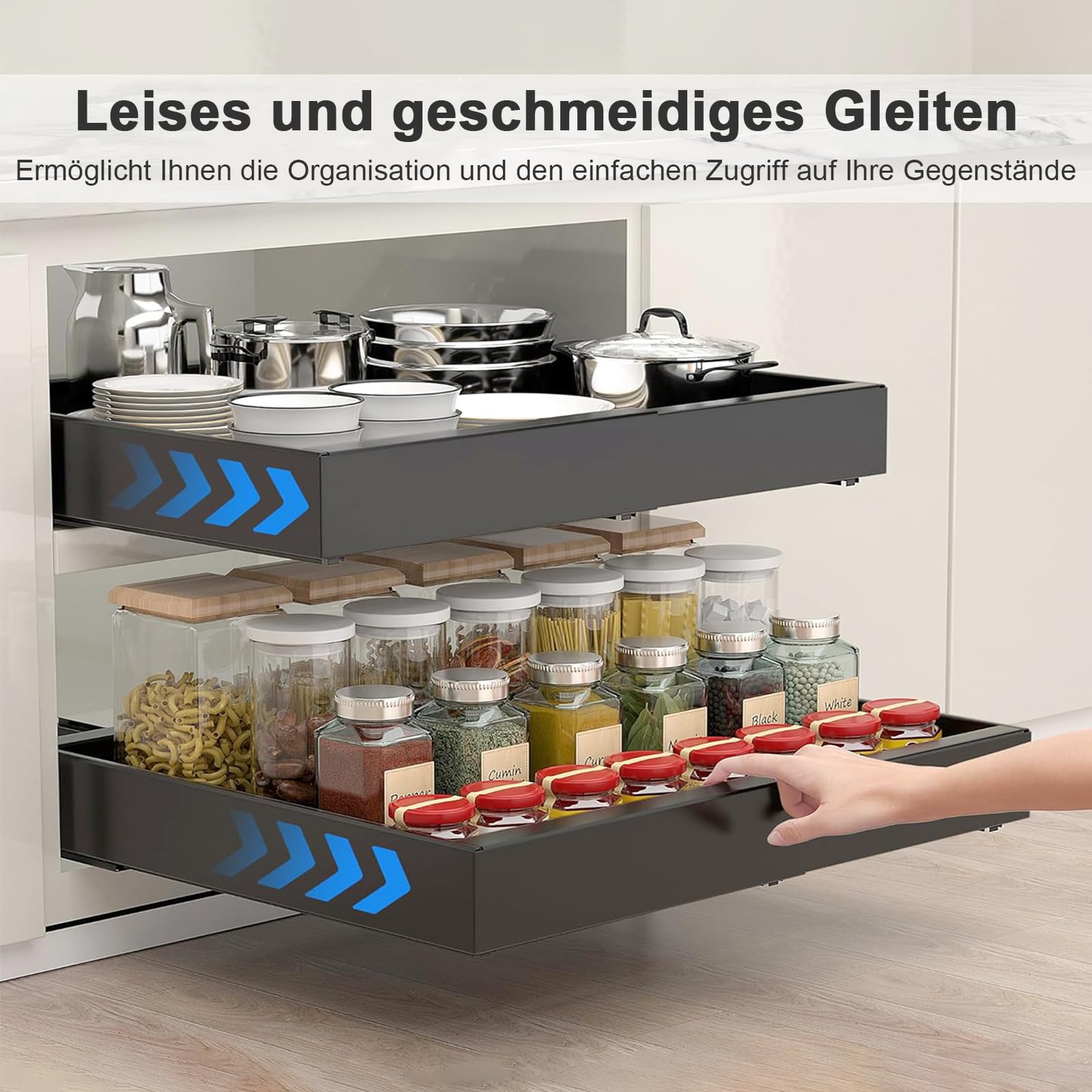 Lot de 2 tiroirs télescopiques pour armoires de cuisine, largeur réglable 32 cm à 52 cm, organiseur de placard de cuisine extensible avec fixation adhésive nano film (noir)