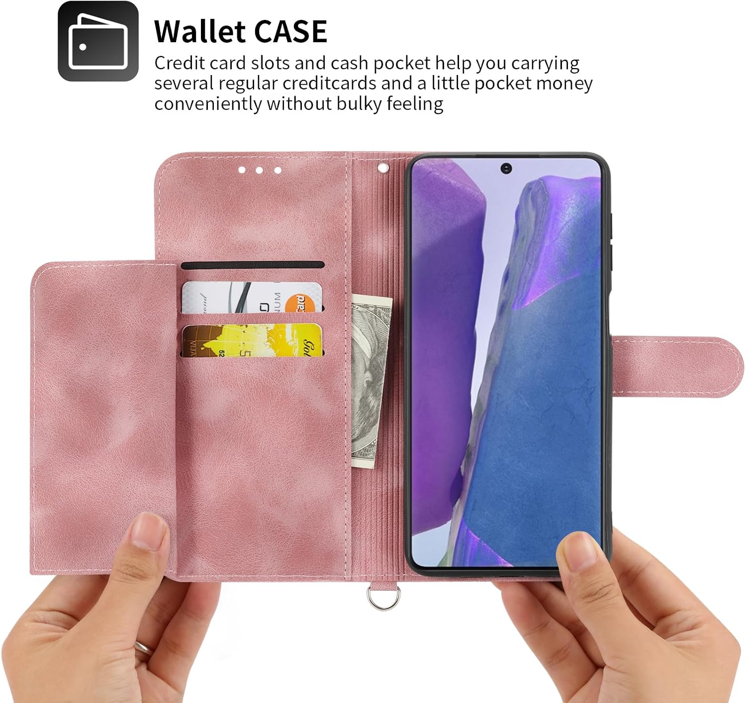 Wallet Case for Samsung Galaxy Note 20 5G with Wrist Strap Crossbody Shoulder Strap, Embossed PU Leather Flip Credit Slim Cell Phone Cover for Note20 Notes 20s Twenty Not S20 Women Girls Pink