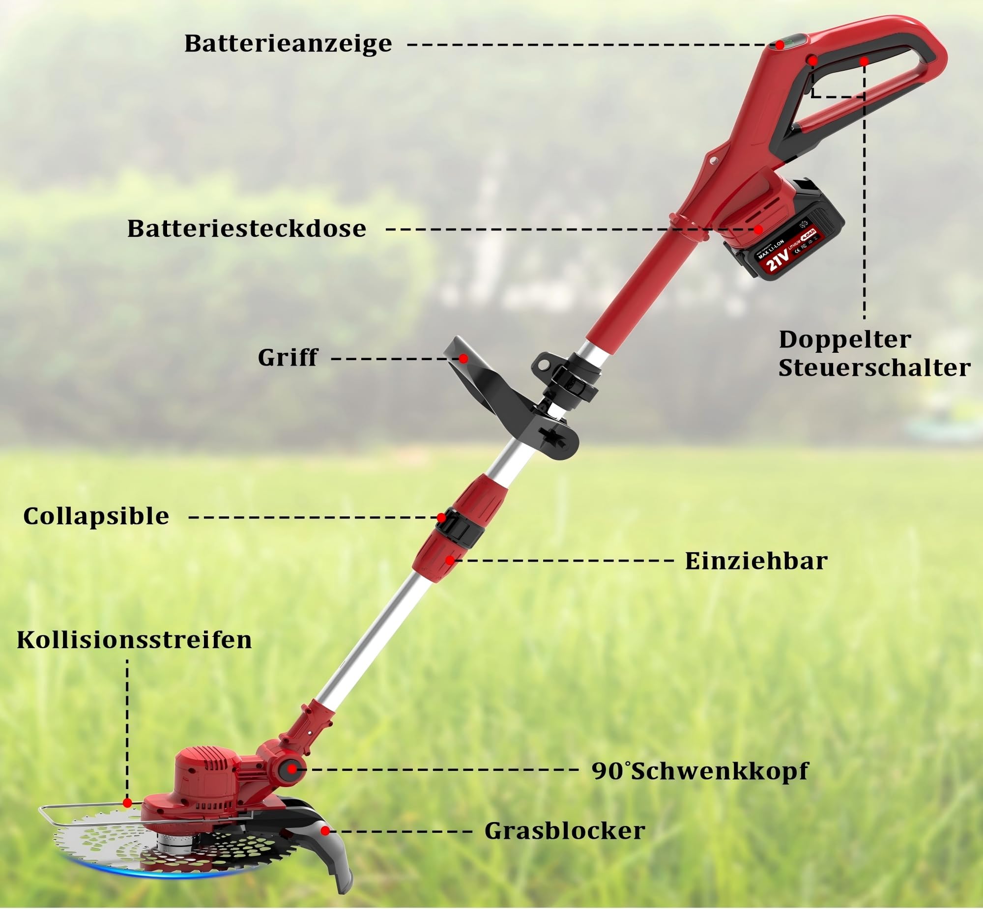 TerraKraft 21 V Rasentrimmer mit Akku, Rasentrimmer mit Unkrautbürste. 750w Bürstenloser Motor, 180° Collapsible, Die Teleskophöhe ca 95 cm - 145 cm, 90° Trimmwinkel(Inkl2 x 4,0Ah Akku)(Rot)
