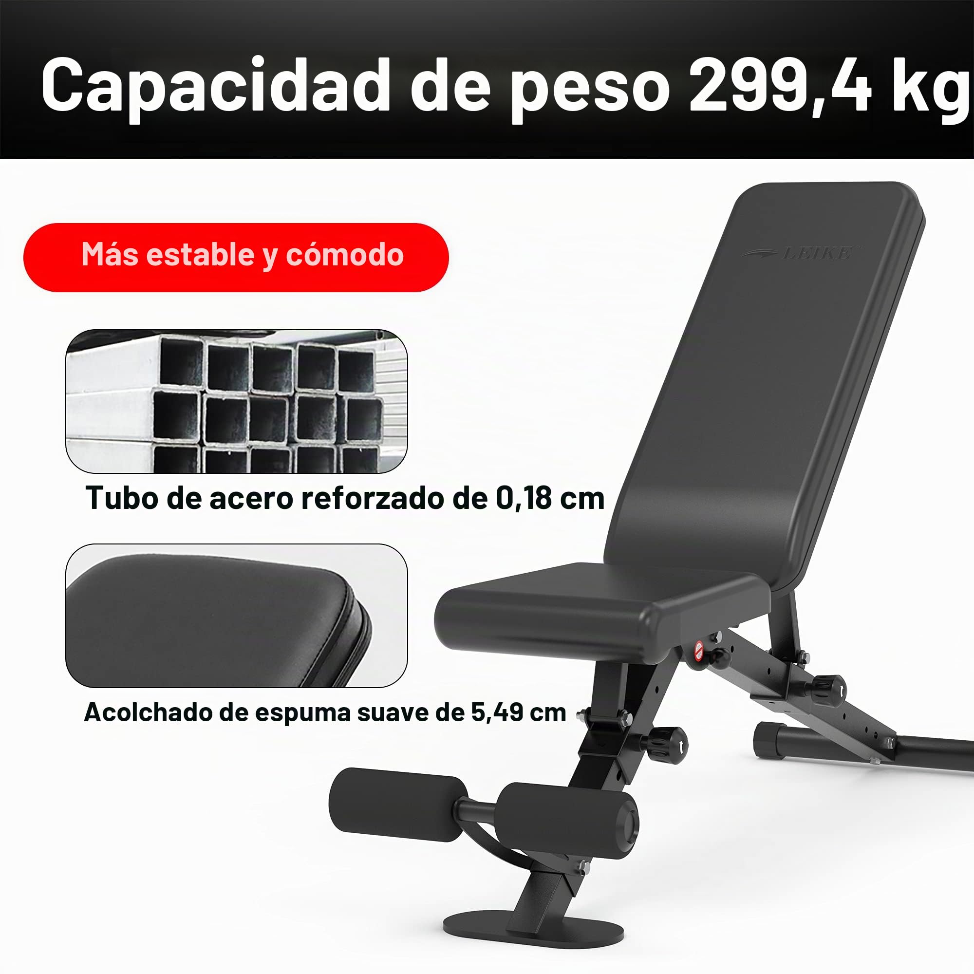 leikefitness Banco de pesas ajustable plegable con bloqueo automático para inclinación vertical y ejercicio plano de cuerpo completo