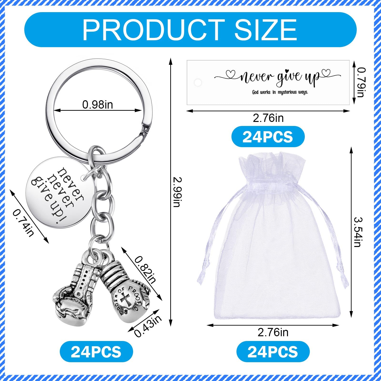 24 Pack Never Give up Keychains Inspirational Gift for Women Men Charm Keyring with Thank You Tag and Organza Bag