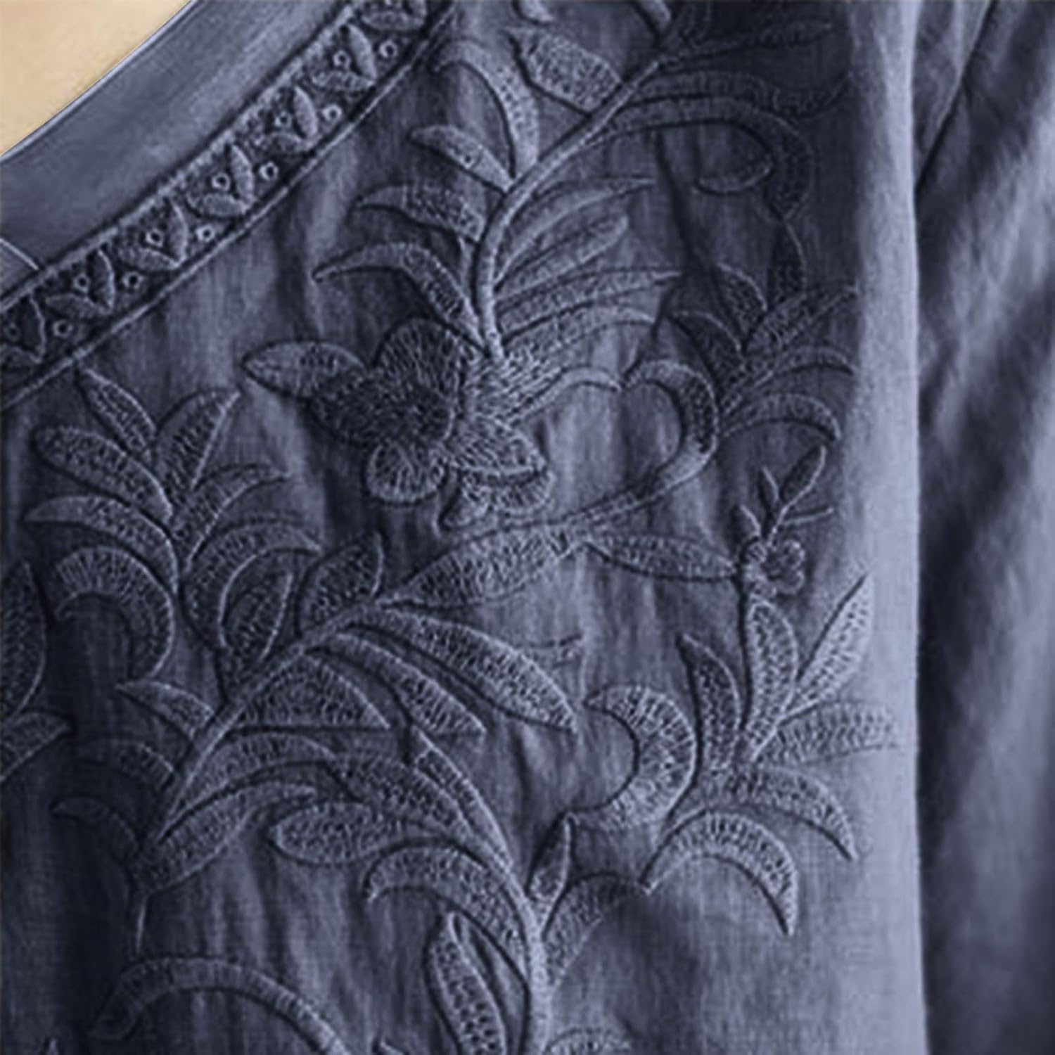 Womens 3/4 Sleeve Cotton Linen Tops V Neck Embroidered Loose Fit Blouses Summer Boho Trendy High Low Hem Shirts