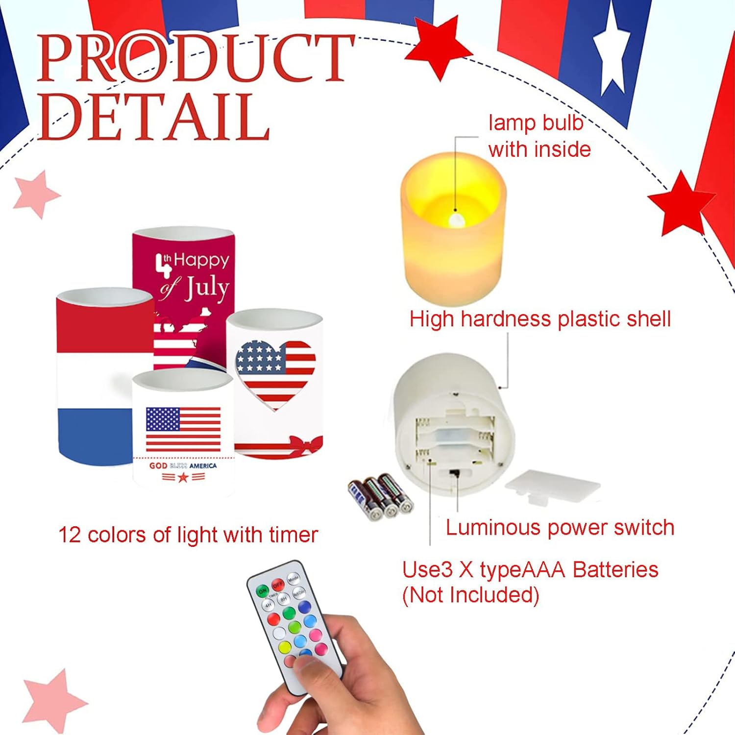 4th of July Flameless Pillar Candles with Timer Remote Control,250th Anniversary Red White and Blue LED Candles Battery Operated Set of 4 for American Independence Day Home Decor