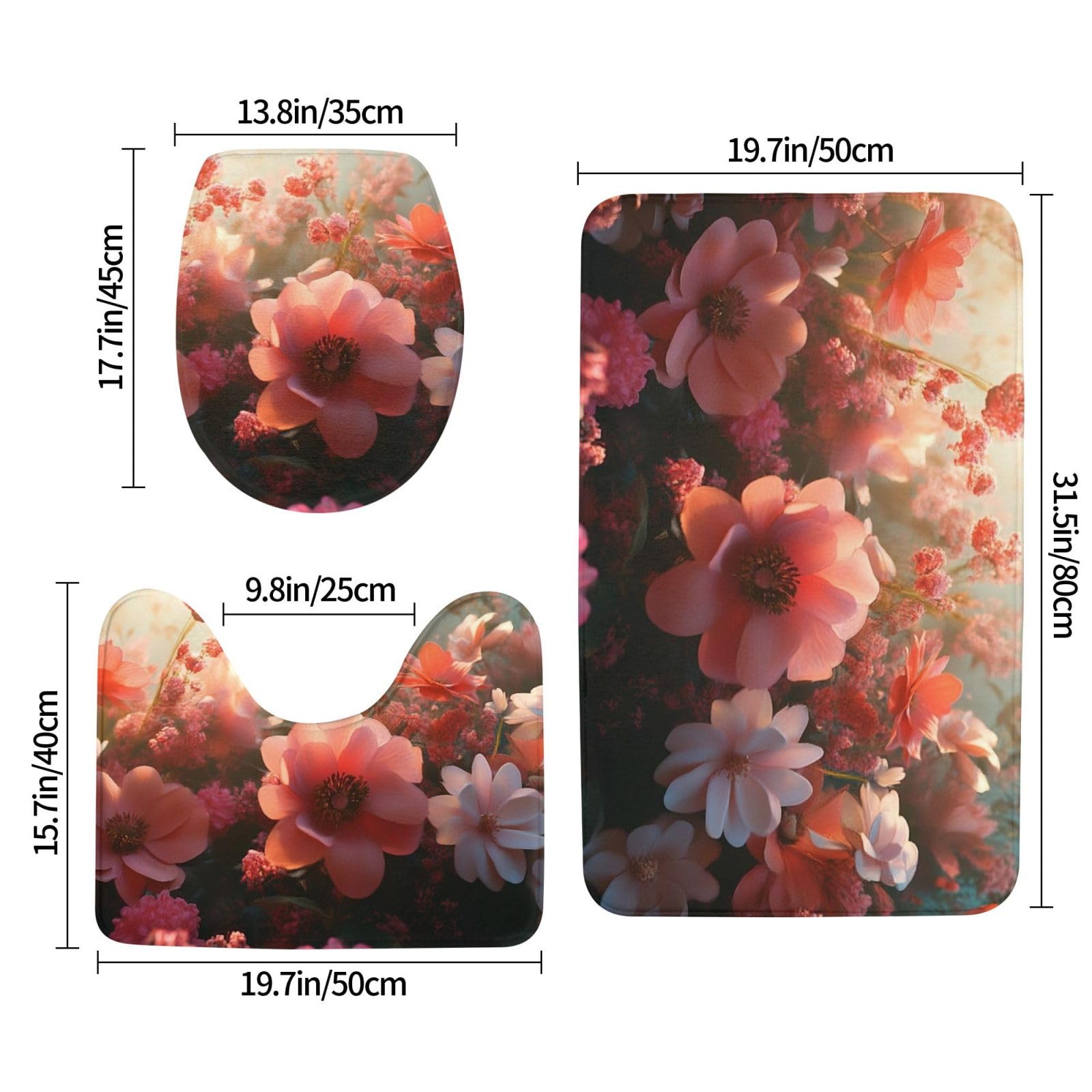 The Cluster Of Red Flowers In The Sunlight - Set di 3 tappeti da bagno in memory foam, morbidi e assorbenti a forma di U, decorazione per la casa, asciugatura rapida