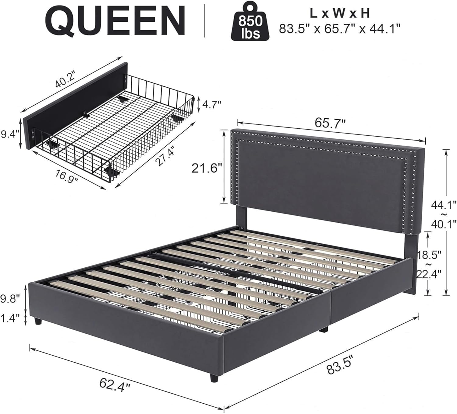 VECELO Queen Size Upholstered Platform Bed Frame with 4 Storage Drawers, Adjustable Velvet Rivet Decor Headboard, Wooden Slats Support, No Box Spring Needed, Easy Assembly