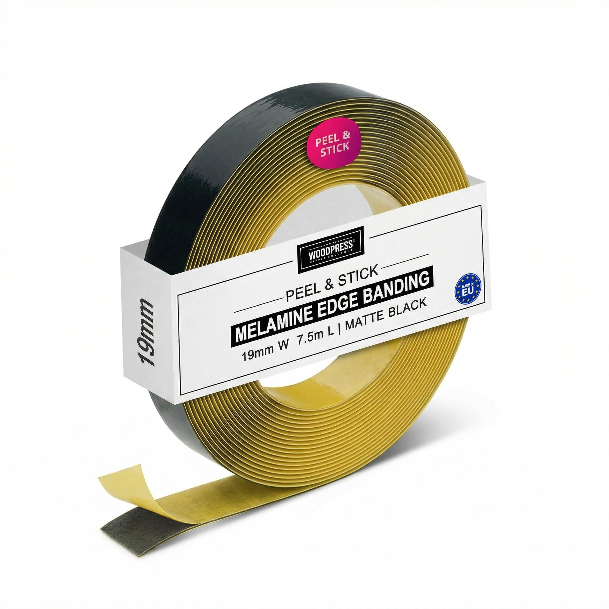 WoodPress® 19mm Matt Black Peel & Stick Edging Tape - 7.5m Self-Adhesive Melamine Trim - Veneer Strip w/Sticky Backing - Easy DIY Fix (No Iron On) Edge Banding for Repair to Worktop, Shelf, Cabinet