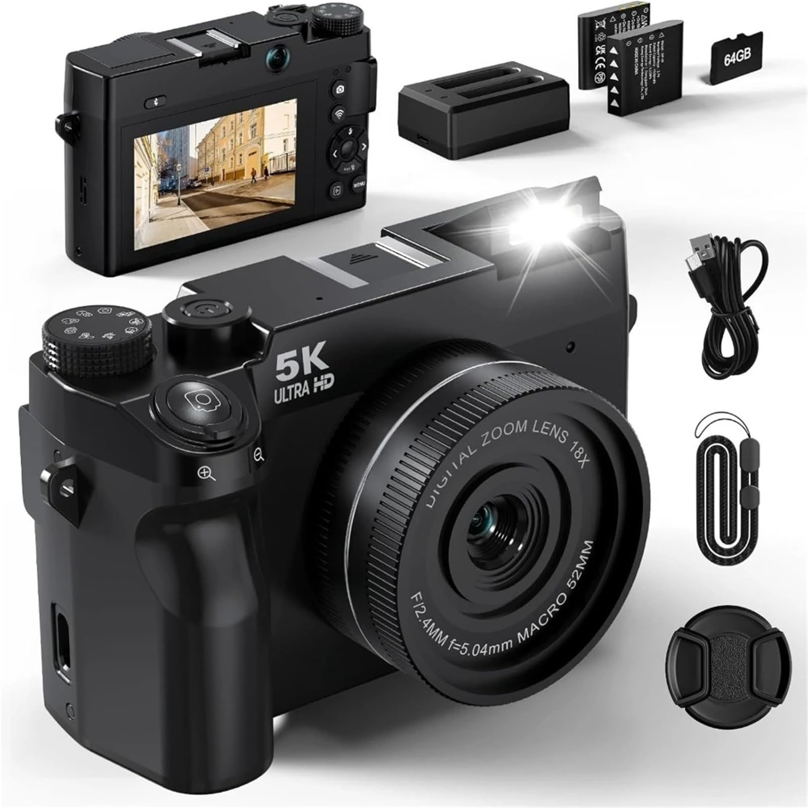 Kamera wideo, Aparat cyfrowy 5K do fotografii, aparaty cyfrowe 75 MP typu „punkt i fotografuj” 64 GB, podwójny obiektyw, 18-krotny zoom, autofokus, kamera WiFi do vlogowania(W07 White 64G Reader)
