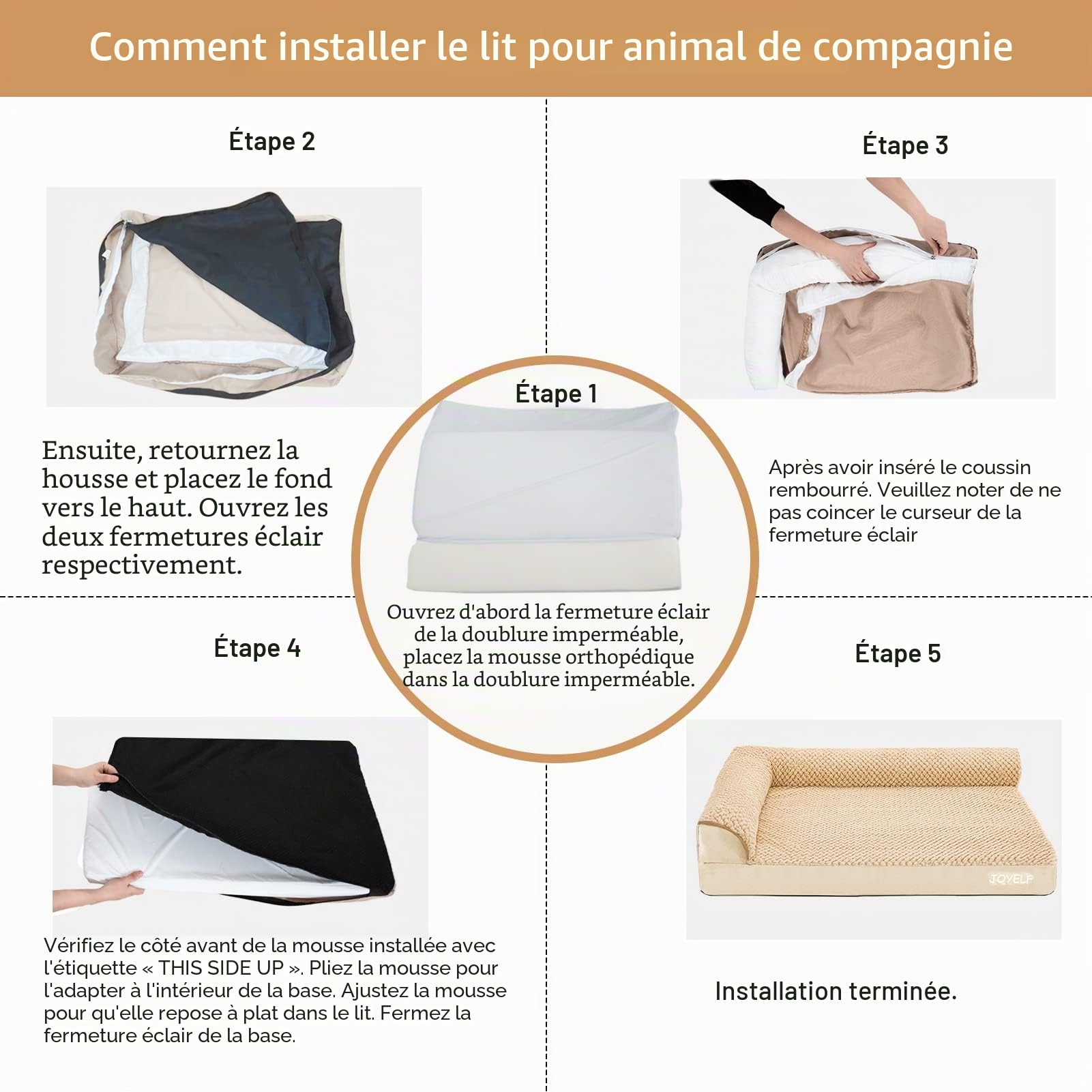 JOYELF Lit orthopédique pour Chien de Taille Moyenne, canapé-lit en Mousse en Forme de U, traversin imperméable avec Housse Amovible et Lavable et Fond antidérapant - Khaki