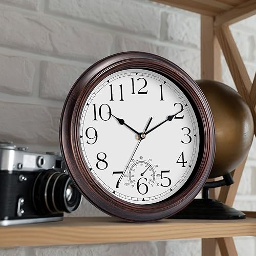 Miniatura 4 de Reloj de pared para exteriores de 14 pulgadas con termómetros, reloj de pared silencioso vintage que funciona con pilas, reloj retro sin tictac