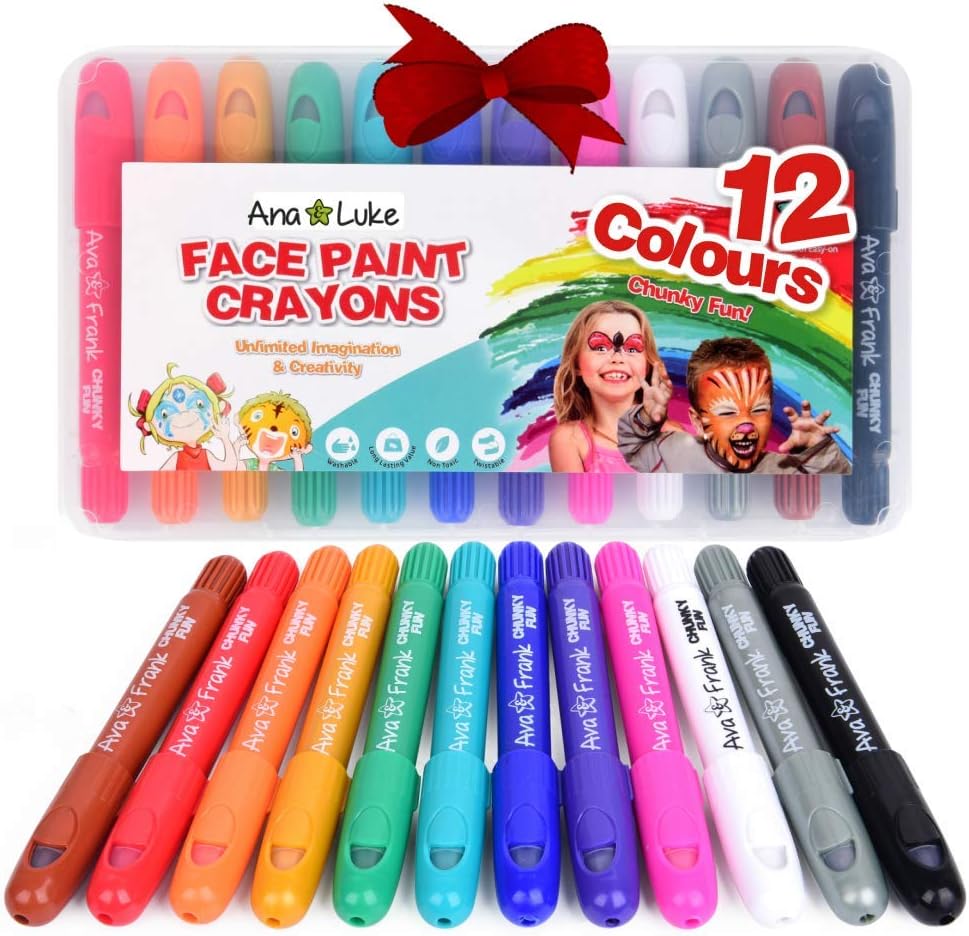 No-Mess Large Face Paint and Body Crayons for Kids 12 Non Toxic Rainbow Colors. Ideal for Birthday Parties Gifts