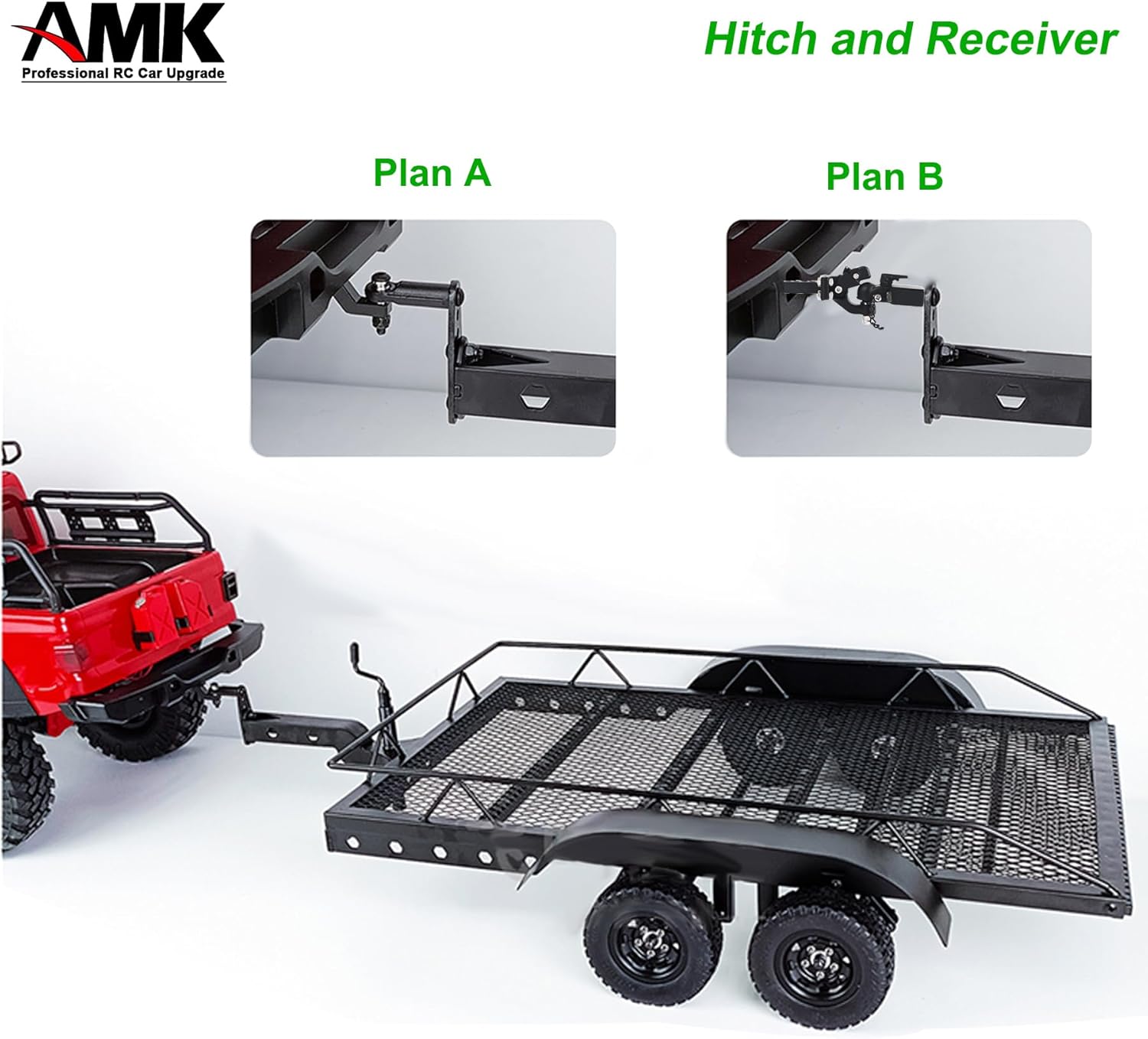 AMK Metal 1/10 Scale RC Trailer for Hauling Behind Cars with Truck Hitch and Receiver Towing Strap Builer Kit for Axial SCX10 90046 TRX4 TRX6 Gen7 Gen8 Gift