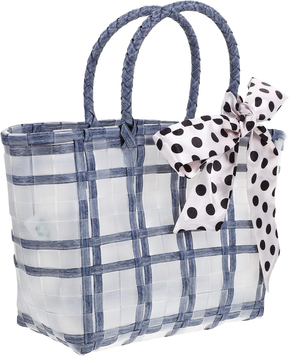 Plastic Woven Hand Basket Large Capacity Blue Cylindrical Beach Tote | Portable Shopping Carry, Strong Build, Translucent Design, Woven Look, Household Storage Use