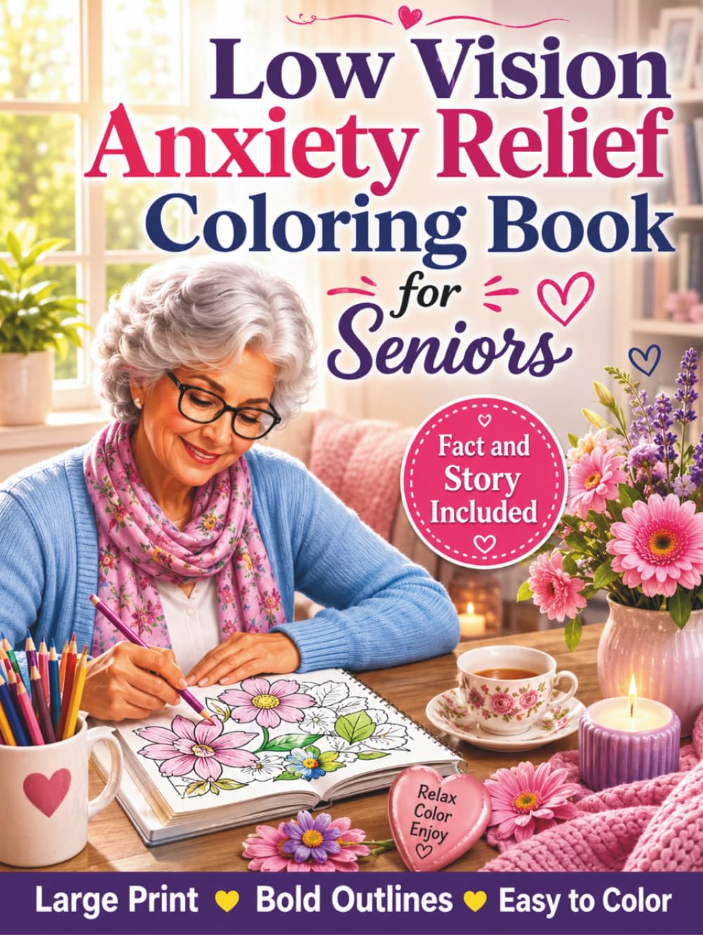Low Vision Anxiety Relief Coloring Book for Seniors: 50 Large Print, High Contrast Designs with Bold Lines and Simple Calming Scenes for Relaxation, Stress Relief, Mindfulness, and Easy Coloring