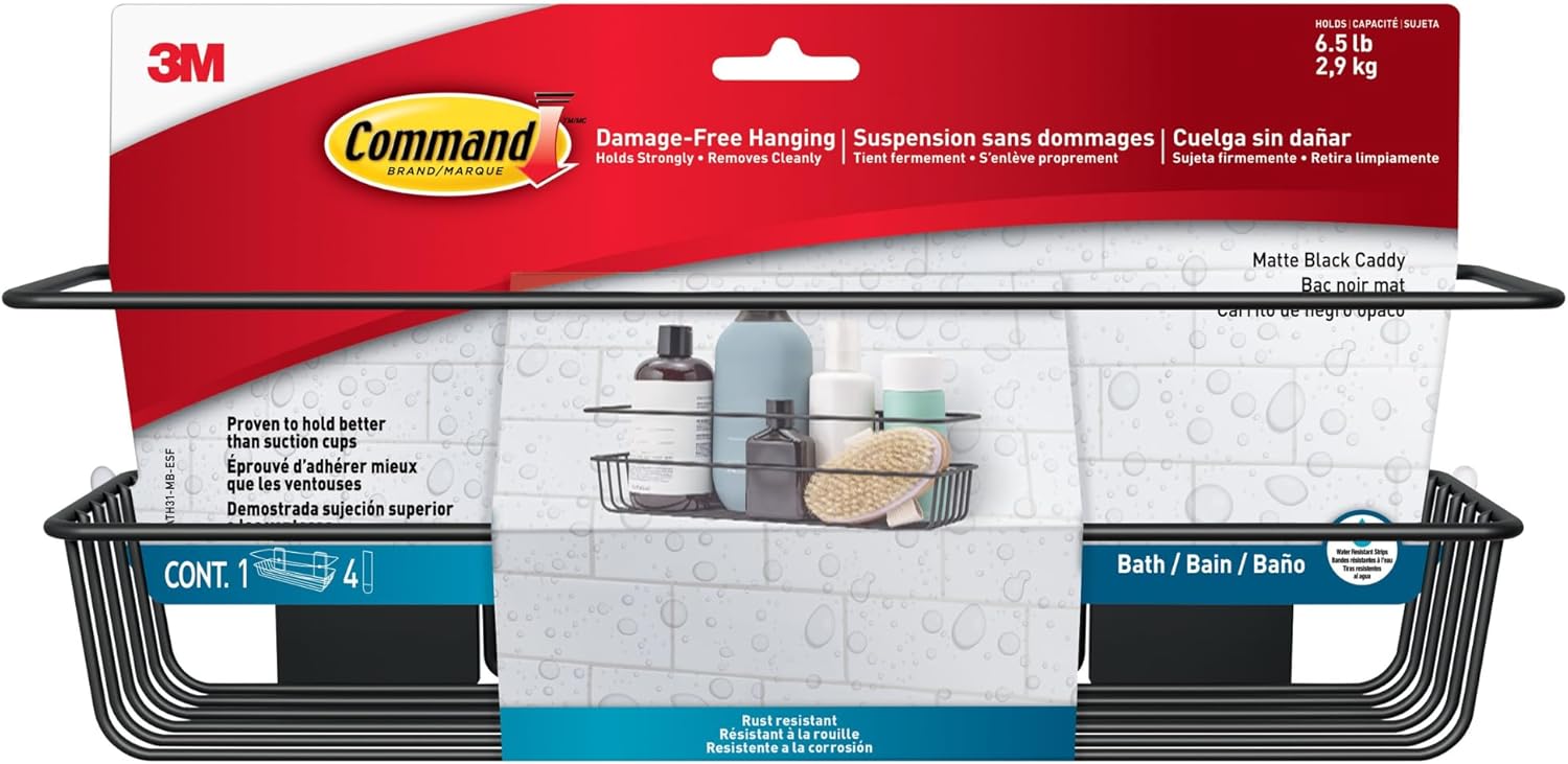 Command Shower Caddy Matte Black with Water Resistant Command Strips, Bathroom Organizer, Holds
