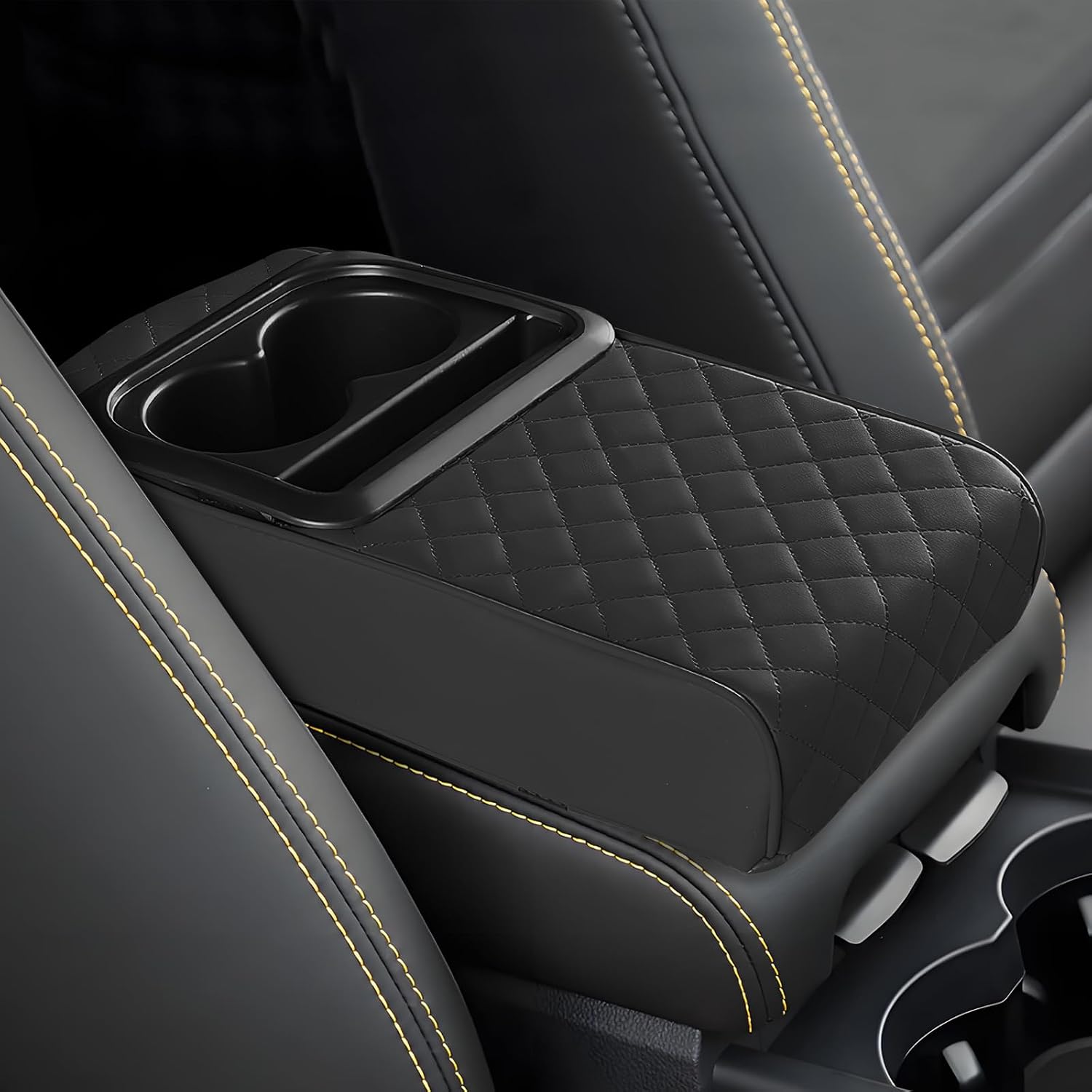 Car Center Console Armrest Pillow, 13.19"×7.87" Leather Car Arm Rest Cover, Memory Foam Auto Armrest Cushion with Cup Holder Phone Slot, Universal Vehicle Middle Console Cushion Pad (Black)