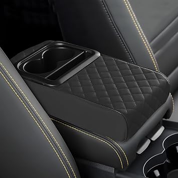 Car Center Console Armrest Pillow, 13.19"7.87" Leather Car Arm Rest Cover, Memory Foam Auto Armrest Cushion with Cup Holder Phone Slot, Universal Vehicle Middle Console Cushion Pad Black