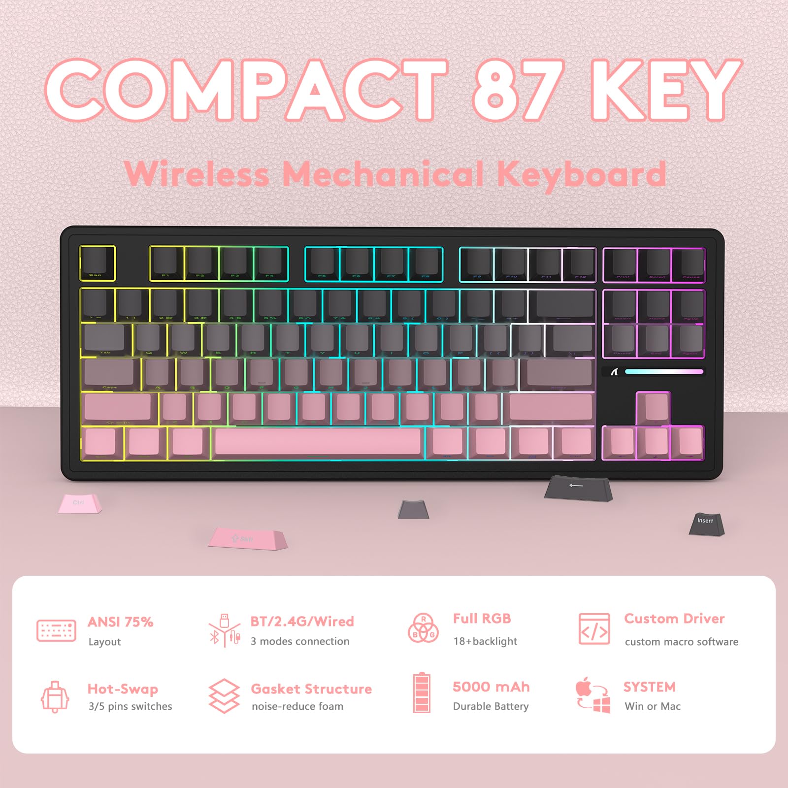 LexonElec x Attack Shark M87 Wireless Gaming Keyboard, BT y 2,4G y Cable, QWERTY 75% RGB Teclado Mecánico, Hot-Swap Interruptor Lineal, Teclas PBT Degradado con Impresión Lateral - Negro/Rosa