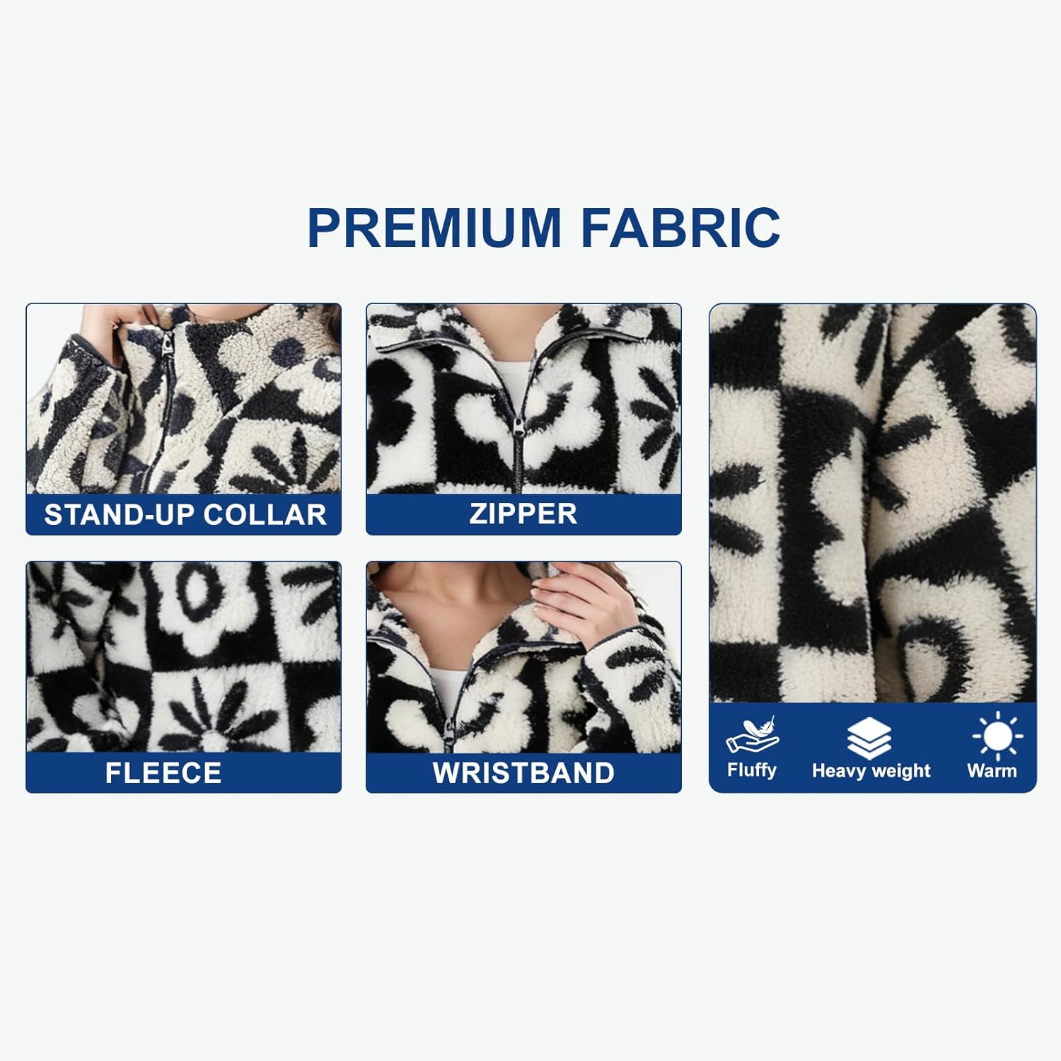 RONGTAI Women's Floral Print Sherpa Fleece Jackets Casual Long Sleeve Outwear Zipper Cropped Coat Winter Jacket XS-XL - Image 4