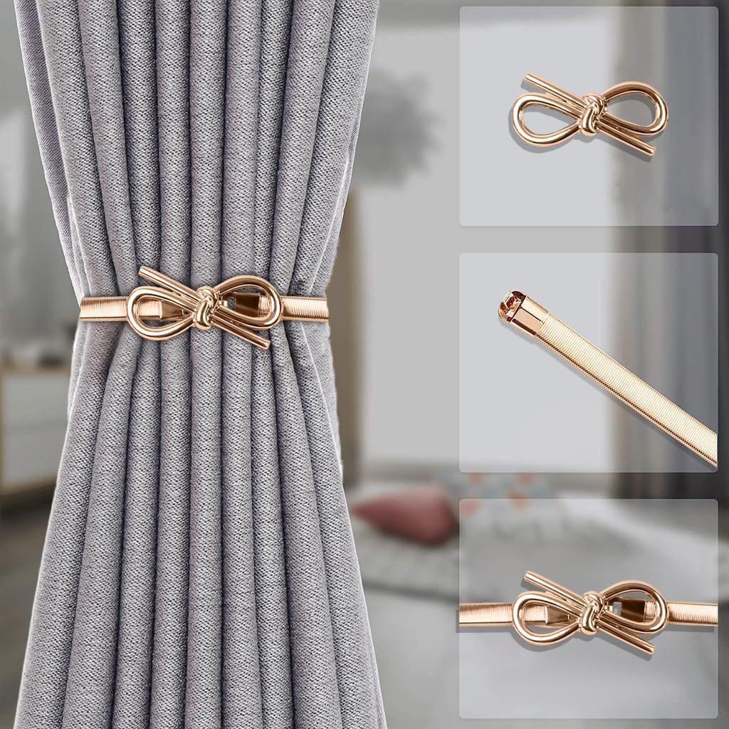Curtain Hold Backs for Curtains Shiny Metal Curtain Tiebacks Engraving Design Curtain Buckle Set of 2 Window Curtain Holdbacks Elegant Gold Holders for Home and Office Window Decoration (Gold, Bow)