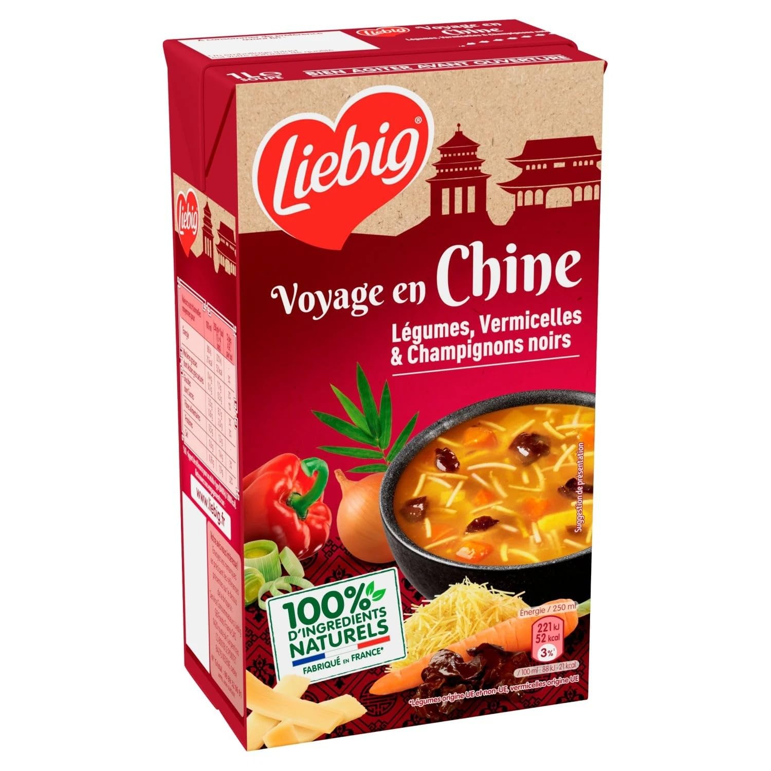 LIEBIG - Soupe Voyage en Chine Vermicelles Pousses de Bambou et Champignons Noirs - la brique de 1L - Le Lot De 4