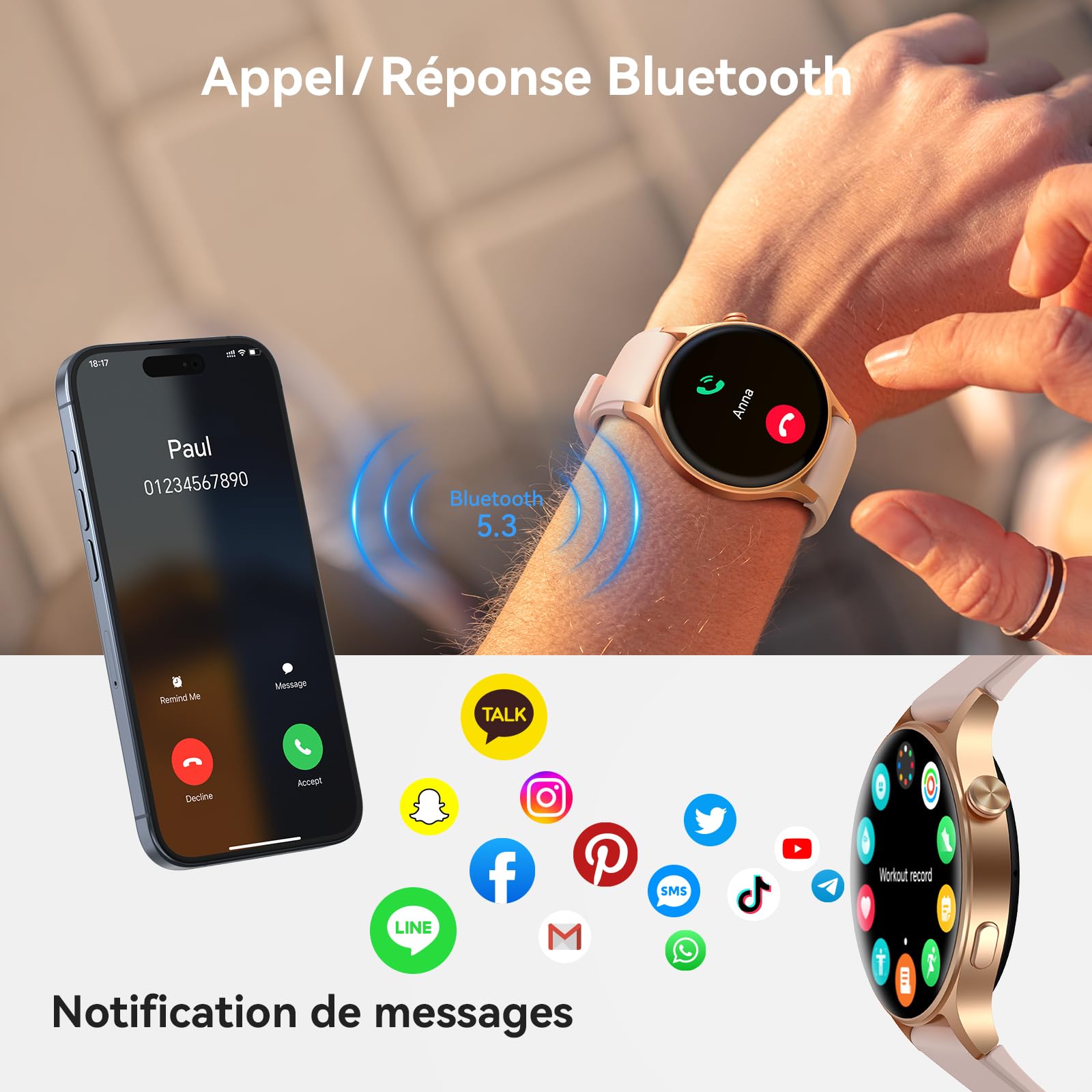 Montre Connectée Femme avec Appel,1.32" AMOLED Smartwatch Femme Always-on Display Fonction,120+ Modes Sport/Fréquence Cardiaque/Sommeil/SpO2,Montre de Fitness Podomètre Calories Android iOS
