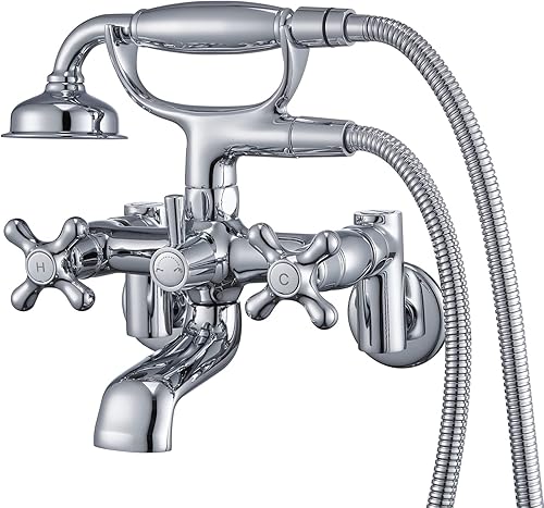 Clawfoot - Grifo de bañera de montaje en pared, cromado vintage, latón con ducha de mano en forma de teléfono