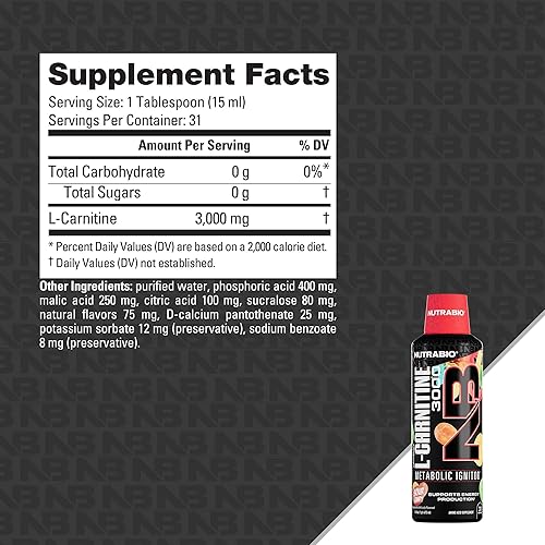 Miniatura 10 de NutraBio Disparos líquidos de L-carnitina - 3000 mg, (anillos de melocotón) - 10 mg de vitamina B-5 - Cero carbohidratos y azúcares - Producción de