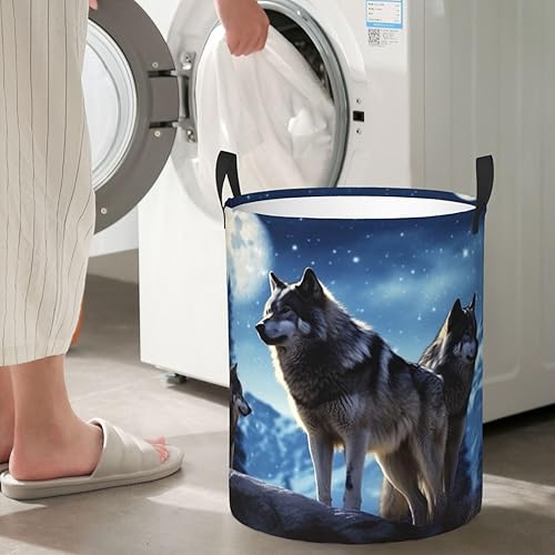 Miniatura 7 de Cesta circular con estampado de lobos, impermeable, organizador de lavandería, con asas, para ropa, juguetes, tamaño mediano