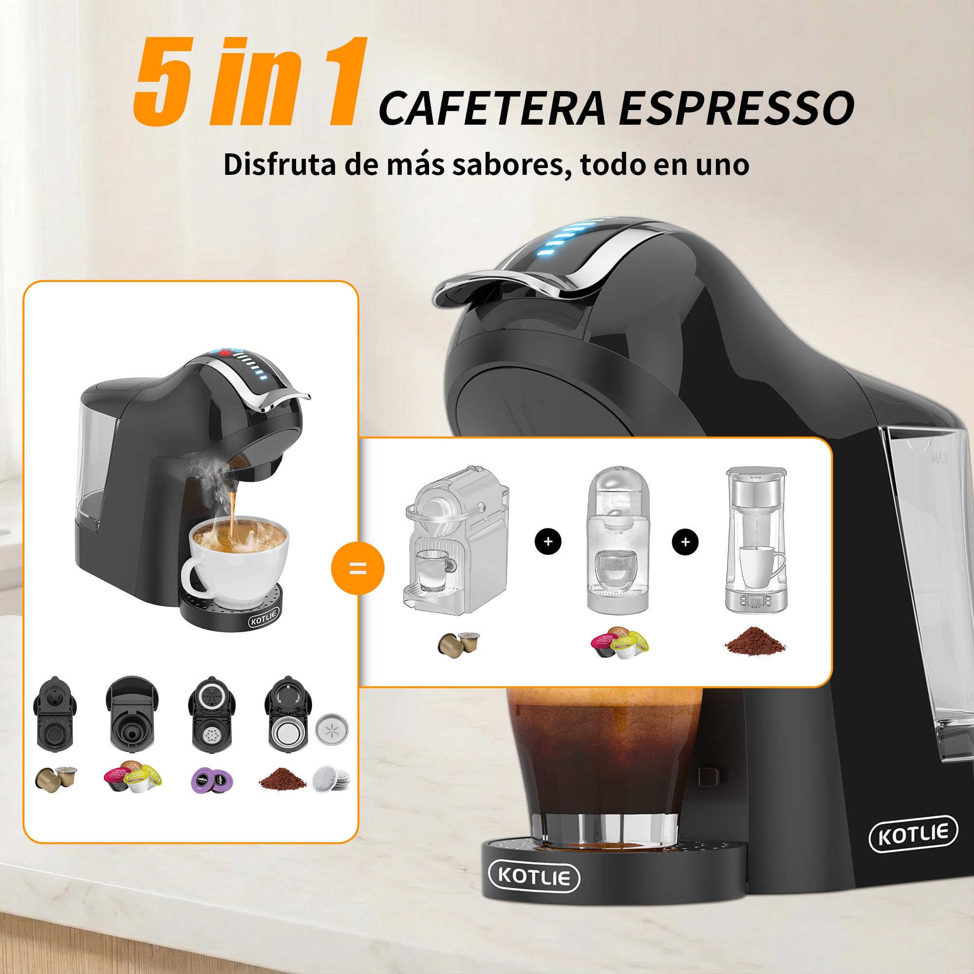 Upgrade Máquina de Cápsulas Café Espresso 5 en 1 19 Bar para Nespresso/Dolce Gusto/LAVAZZA MIO/LOR y Café Molido/ESE, Cafeteras Automáticas Pequeñas con Cápsulas, EM-308B (Negro)