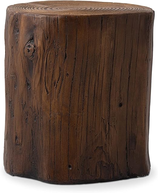 COSIEST Outdoor End Table Black Walnut Colored Faux Wood, Hand-Painted Wood Stump Stool, Ottoman or Plant Stand, Deck or Garden