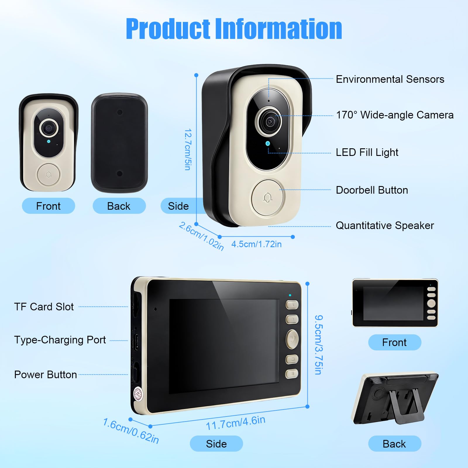 Timbre de puerta con cámara y monitor, timbre de vídeo con función de diálogo y función de visión nocturna, IP65 resistente al agua, pantalla de 4,3 pulgadas, timbre inalámbrico con cámara