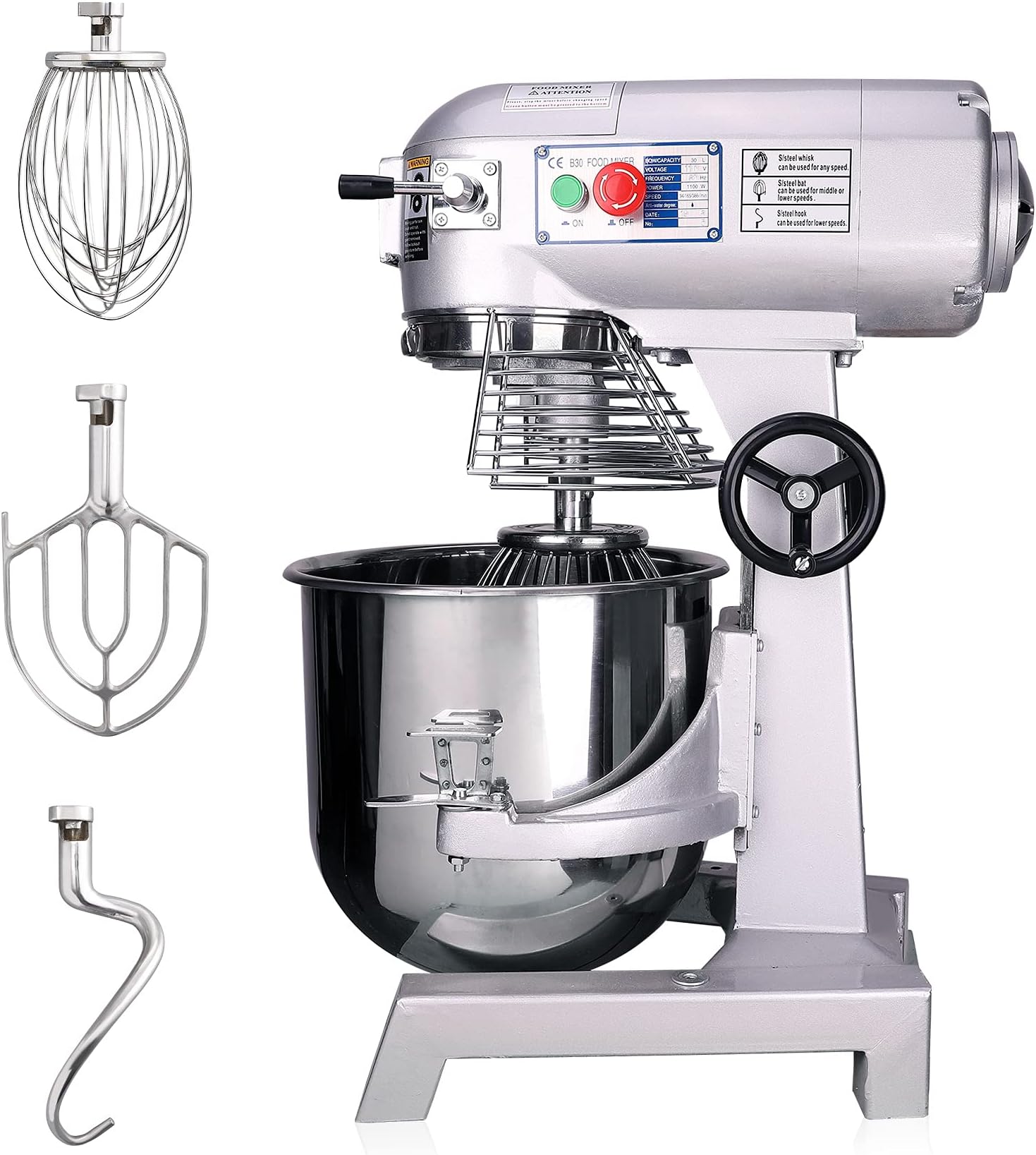 CREWORKS 30L Commercial Food Mixer with Dough Hook, 1100W Stainless Steel Stand Mixer, Pizza Bakery Multifunction Blender, 3 Speed Electric Dough Mixer for Bread Cake Hook Beater Whip