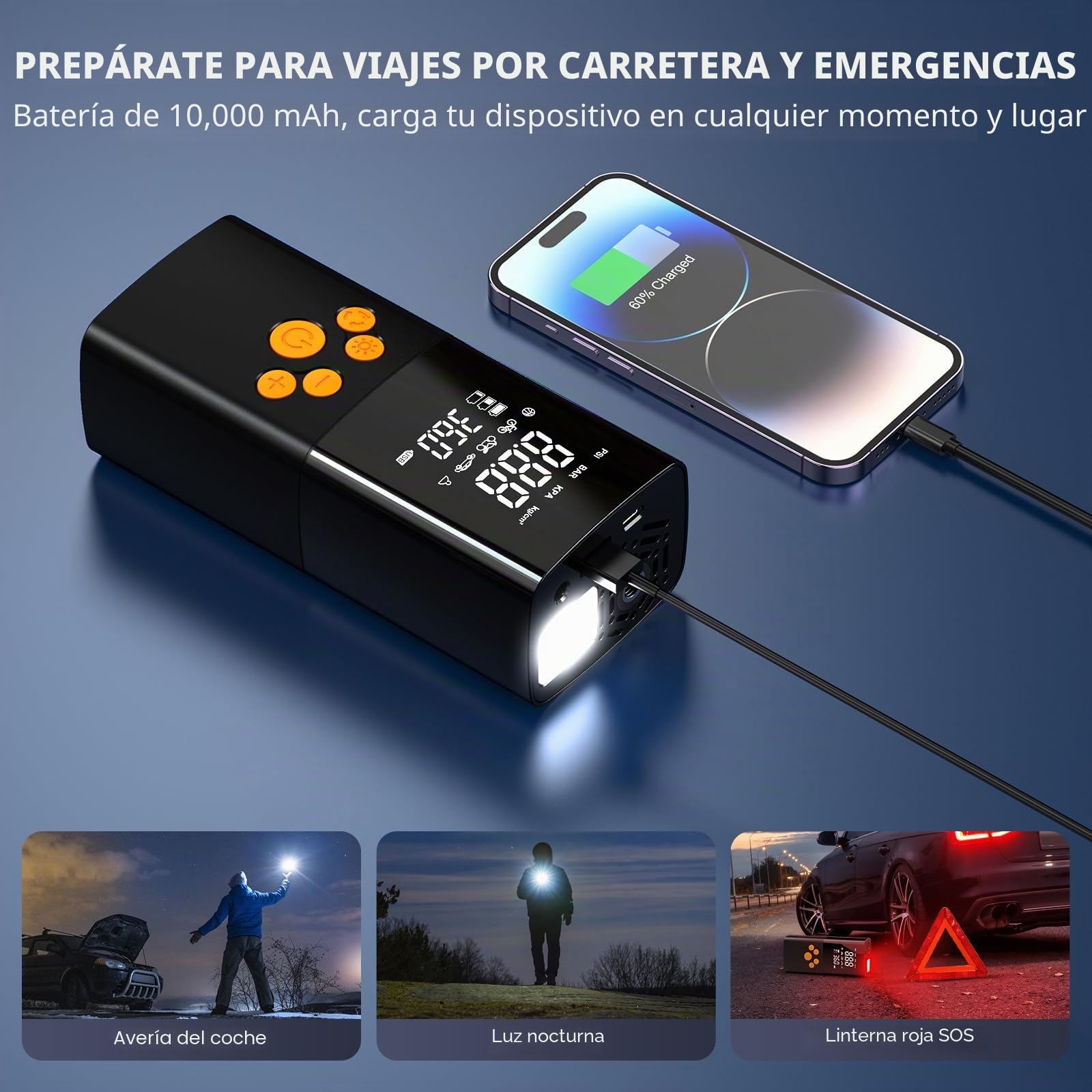 10000Mah Compresor Aire Portatil,160PSI & 2X inflador Ruedas Coche con Doble LCD Digital, inflador electrico luz LED, Manómetro, Apagado Automático para Coche, Moto, Bicicleta, Anillo de Natación