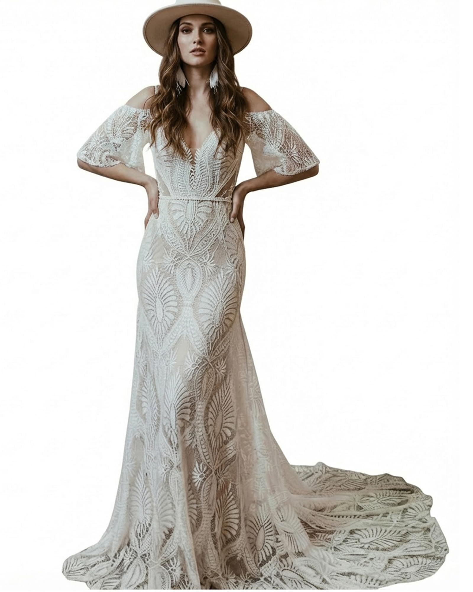 Women's Boho Lace Sheath Wedding Dress with Removable Off Shoulder Sleeves | Rustic V Neck Fitted Backless Sweep Train Bridal Gown for Destination