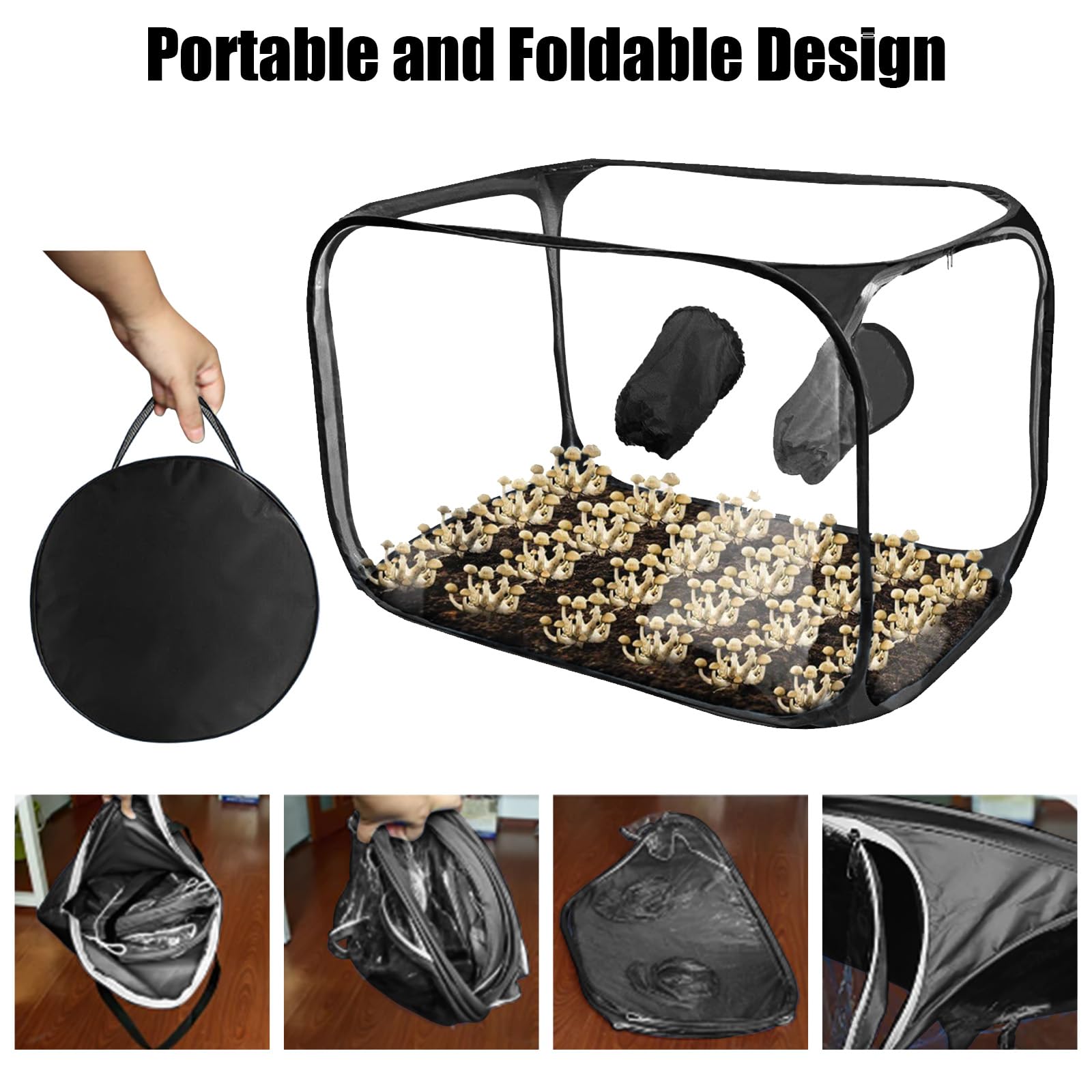 Still Air Box, Mushroom Grow Kit Tragbares Faltbares, PVC Pilz-Wachstums-Set mit 2 Arm Ports, Kompakte Standluftbox für Pilzliebhaber, Vielseitige Kultivierung für Gartenbaubedarf