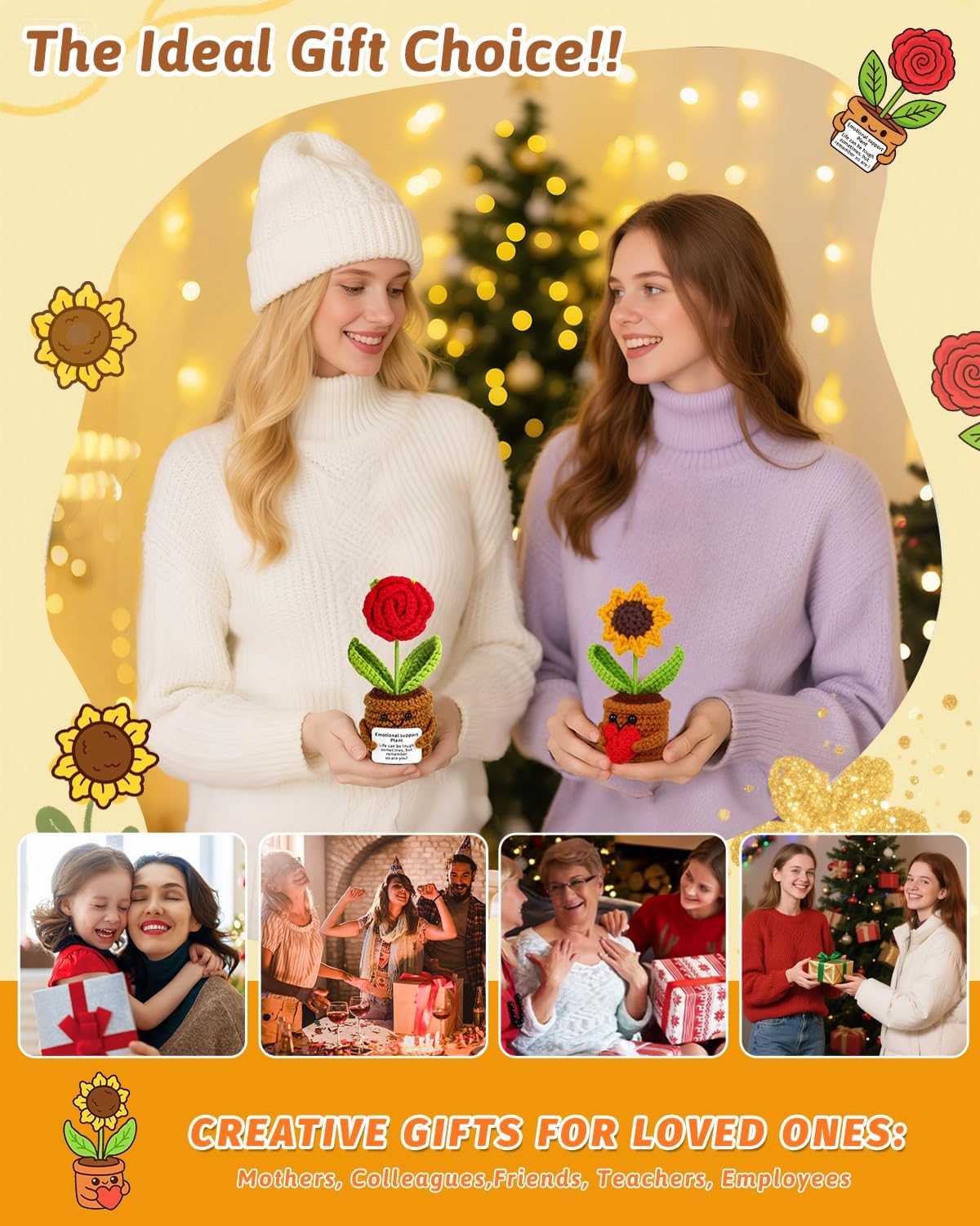 2pcs Knitted Flowers Sunflower Gifts for Women Handmade Knitted Planters with Card Gifts Birthday Gifts for Women Mom Family Friend Teacher Coworker Xmas Party (2pcs) - Image 5