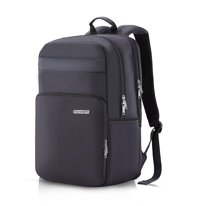 American Tourister RON Large 4 Compartment Laptop Backpack Travel Bag, 28 Ltrs Durable Bags For Mens, College School Computer Backpack Gift For Unisex Boys Girls Kids, Black, With Rain Cover