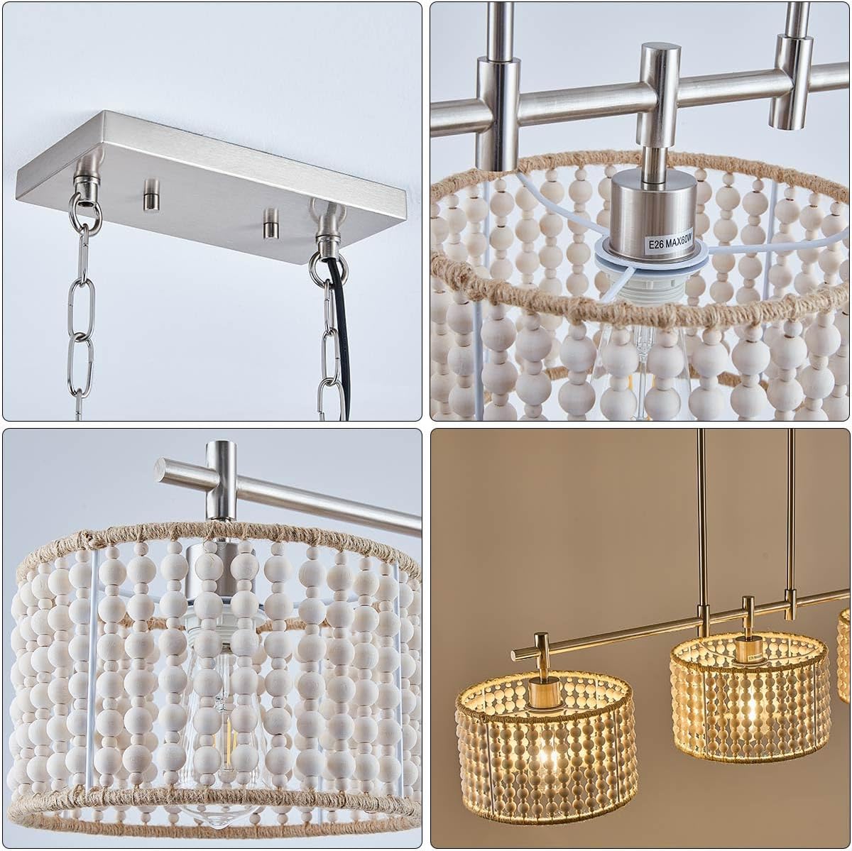 Boho Chandeliers for Dining Room,Brushed Nickel Metal Farmhouse 3-Light Wood Beaded Linear Pendant Light Fixtures for Kitchen Island Living Room