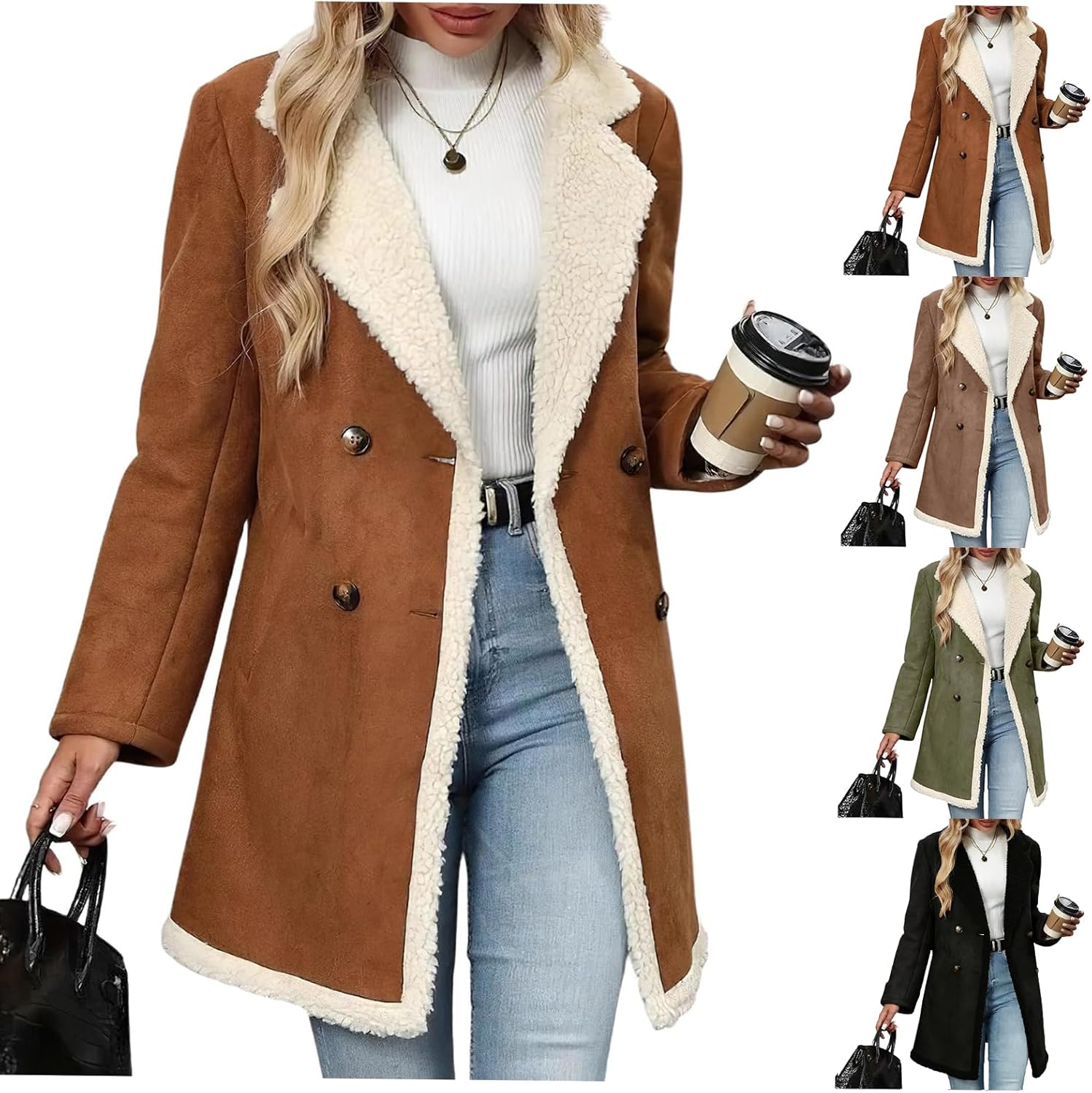 Womens Sherpa Lined Faux Suede Long Jacket Coats Notch Lapel Double Breasted Fleece Fur Leather Winter Warm Overcoat - Image 4