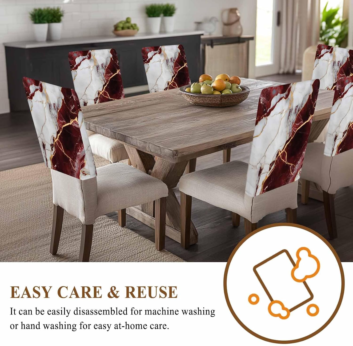 Chucoco 4 Pack Chair Back Covers, Burgundy Red White Marble Dining Room Chair Cover Washable Chair Slipcover Back Chair Protector for Holiday Party Kitchen Home Modern Abstract Stone Crack Texture