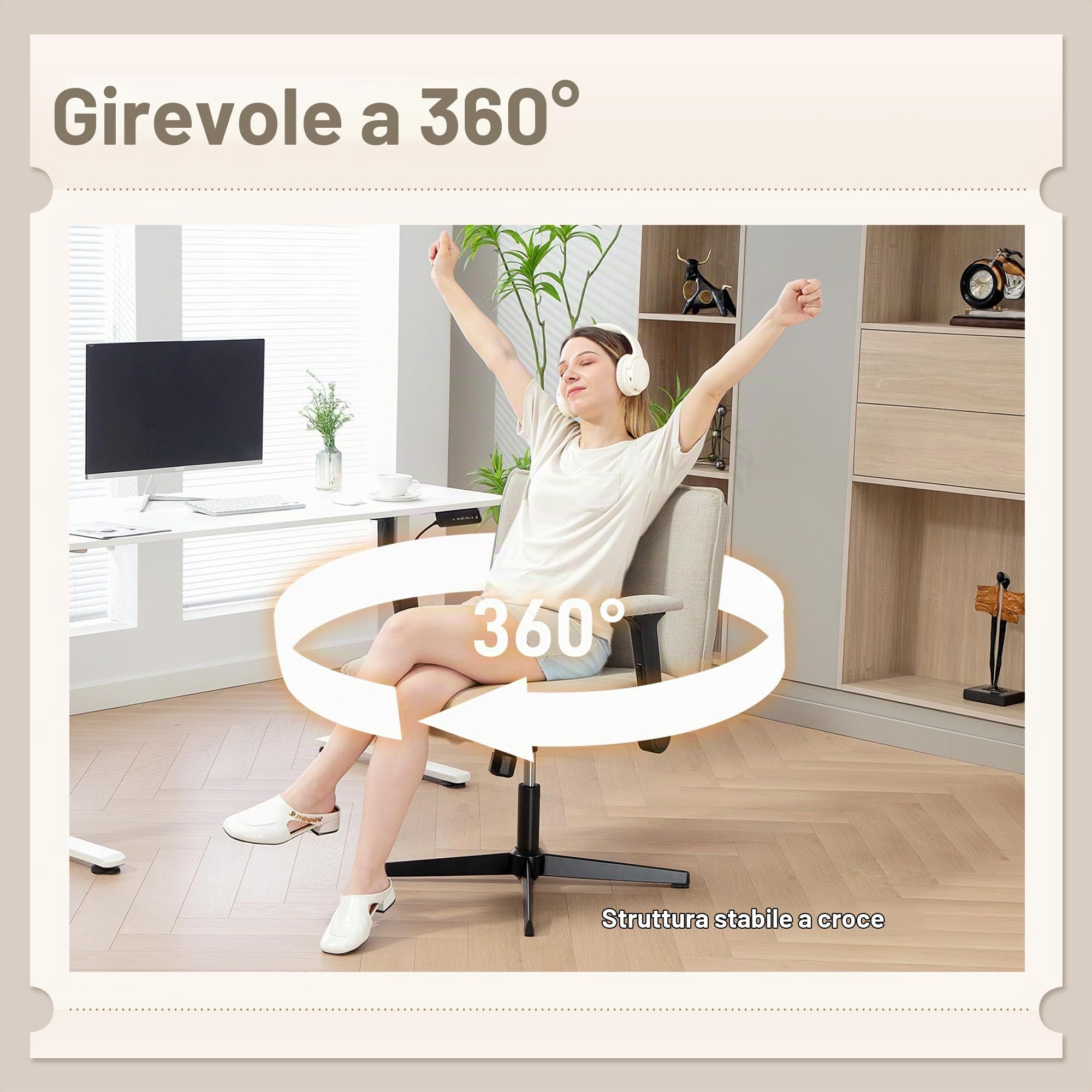 HOMCOM Sedia da ufficio a gambe incrociate senza ruote Crema