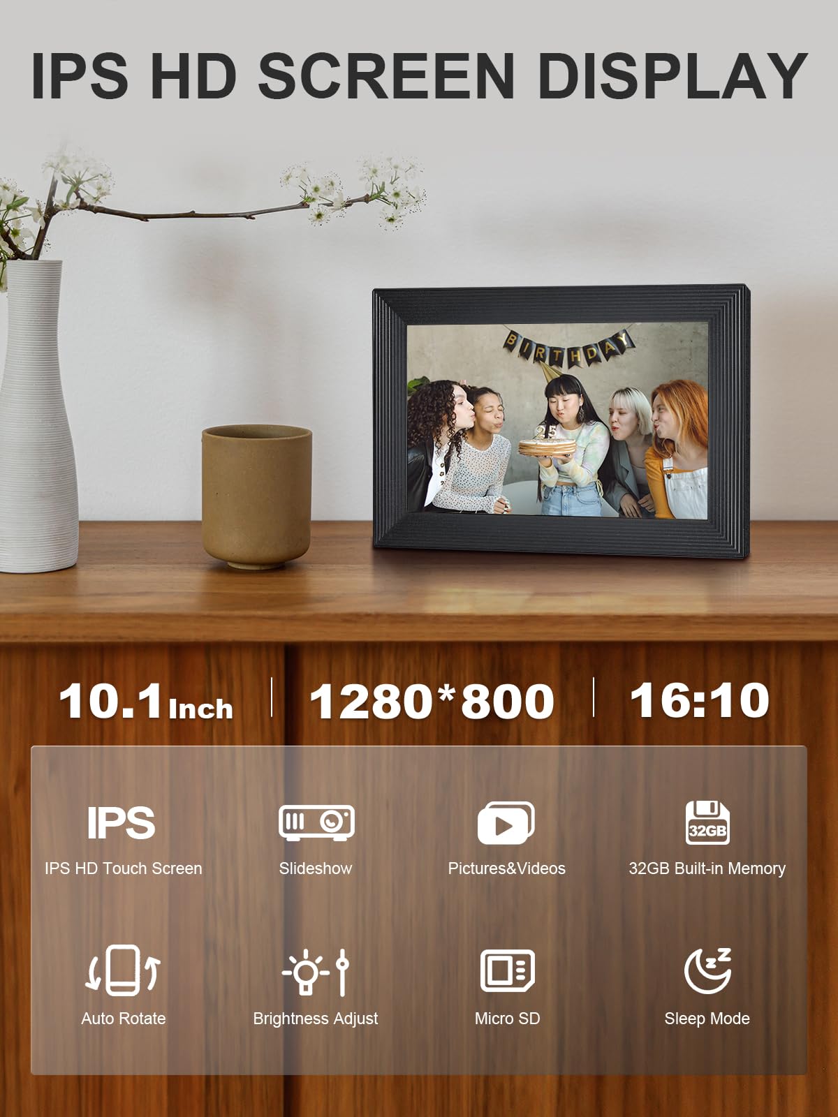 Cyfrowa ramka, Moman WF11T 10.1" cyfrowy uchwyt na zdjęcia Wifi cyfrowy ekran dotykowy IPS 32 GB pamięci automatyczna rotacja udostępnianie zdjęć i filmów za pośrednictwem aplikacji idealne na