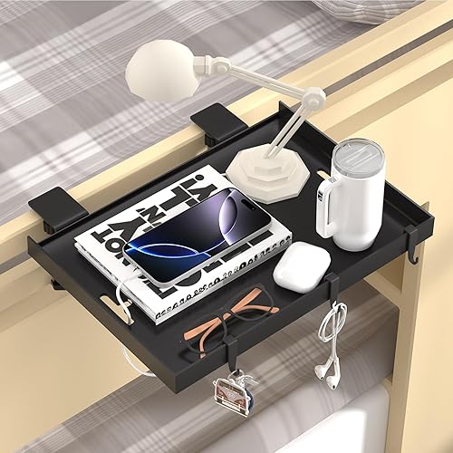 Foldable Bedside Shelf, Metal Clip-On Bed Tray Table for Bunk Bed & Dorm Beds, Dorm Room Essentials Organizer for College Students, Floating Tray, Space Saving Nightstand for Loft Beds (Black, Small)