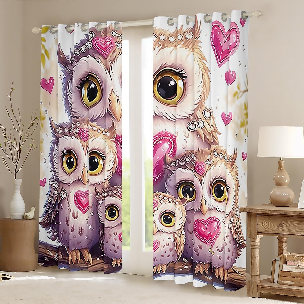 Manfei Cute Owl Blackout Curtain Pink Hearts Print Window Drapes for Kids Boys Girls Room Decor, Cartoon Wildlife Window Treatments, Grommet Top 2 Panel Set Bedroom Curtains, 42Wx63L inch