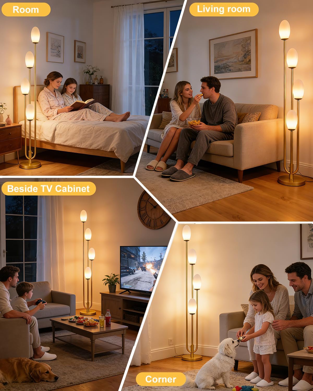 Lightdot Gold Floor Lamp 4-Lights Dimmable Floor Lamps with Oval Lampshade 3000K Bulbs Included Unique Modern Standing Tall Lamp for Living Room/Bedroom/Sofa Beside/Corner Decor