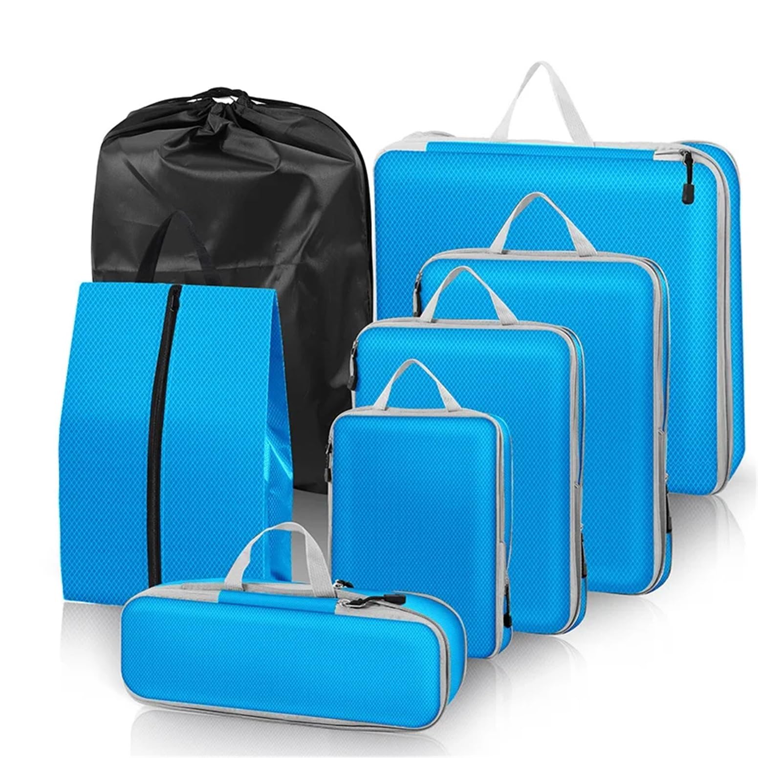 Packwürfel 3–7-teiliges komprimiertes Packwürfel-Set for die Reise, Aufbewahrungs-Organizer mit Schuhtasche, Netz-Sichtgepäck, tragbarer, leichter Koffer(7PCS Set Blue)