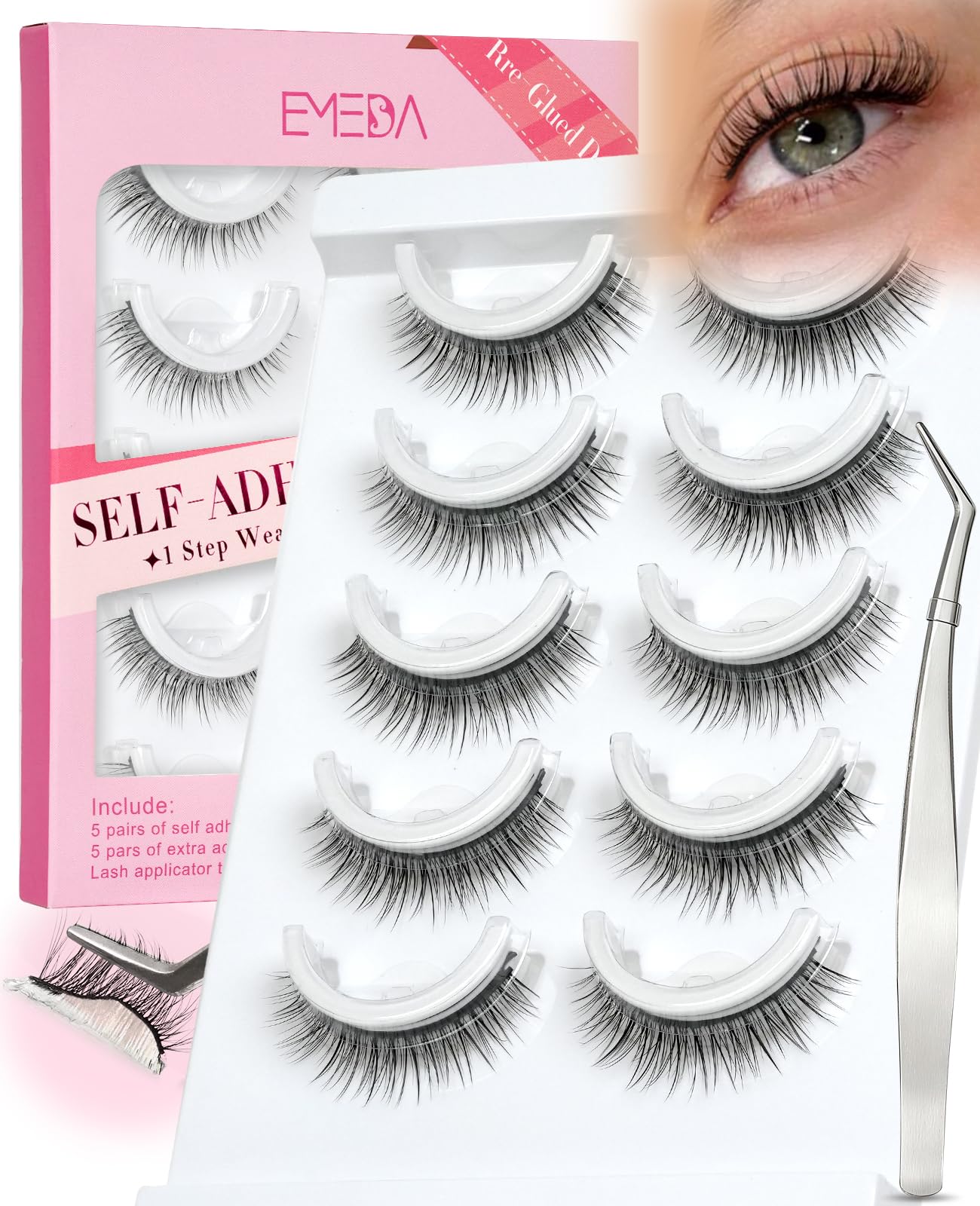 EMEDA Self Adhesive Eyelashes Natural Look No Glue Eyelashes 10mm Pre glued Waterproof Glueless No Glue Needed Reusable Stick on False Strip Lashes Easy for Beginner(L08 with Tweezers)