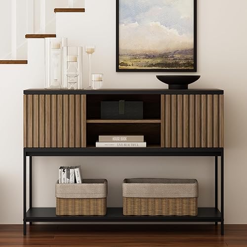 Walsham Fluted Console Table with Storage, Entryway Tables with 2 Door Cabinets and Open Storage Shelf, Long Sofa Table Behind Couch for Living Room Hallway Entry Way Foyer (Special Walnut)