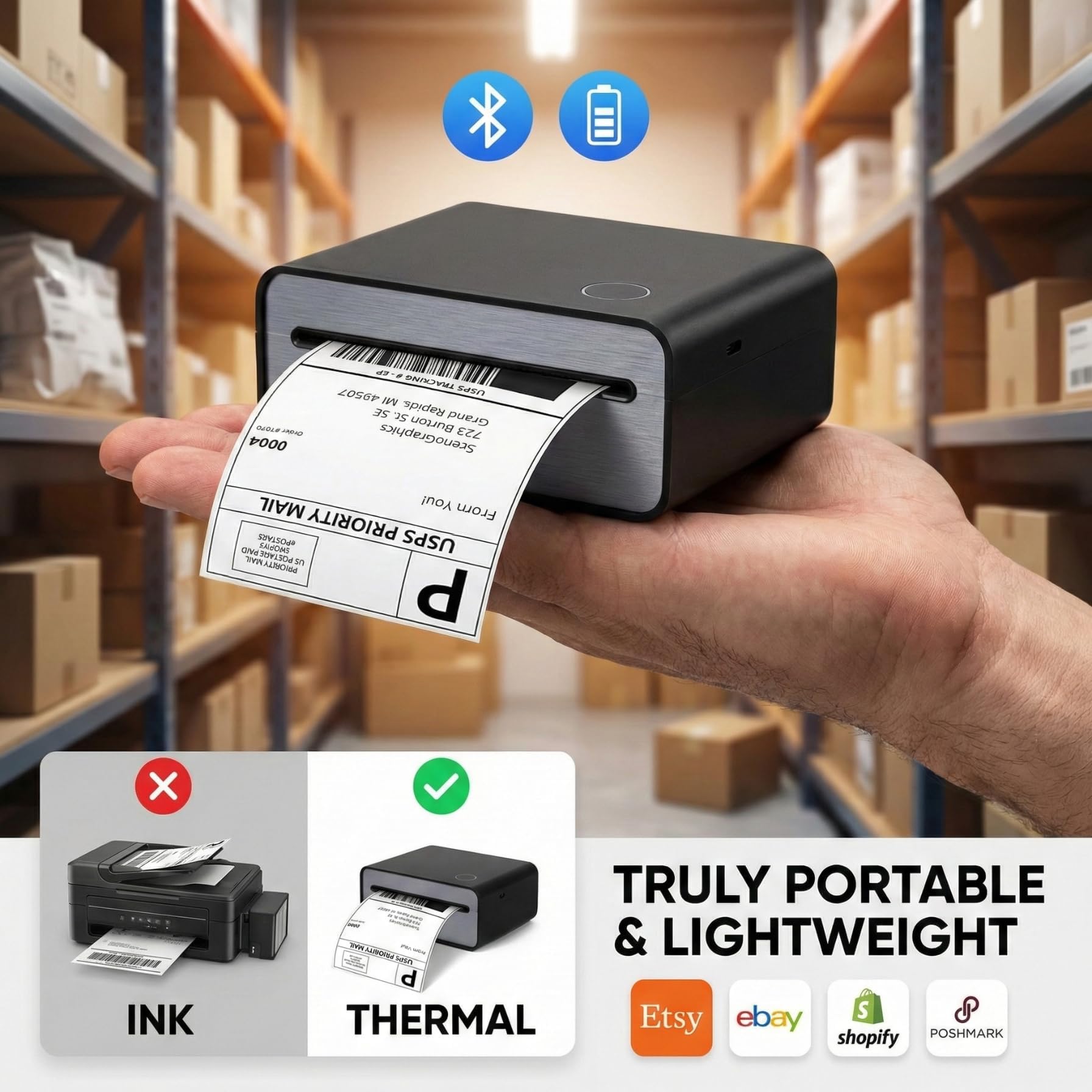 4x6 Thermal Shipping Label Printer - Wireless Bluetooth, Rechargeable Battery, No Ink Needed - for iPhone, Android, Home — view 4